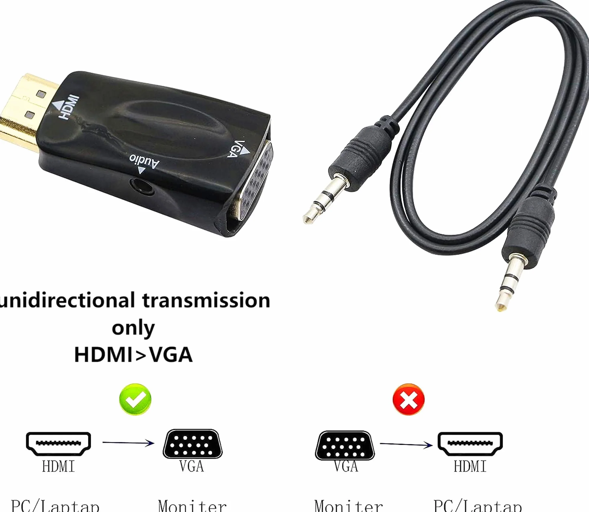 Convertitore HDMI a VGA con jack audio 3,5 mm, 50 cm VGA femmina a HDMI maschio, connettore placcato oro per HDTV, PC, monitor e laptop