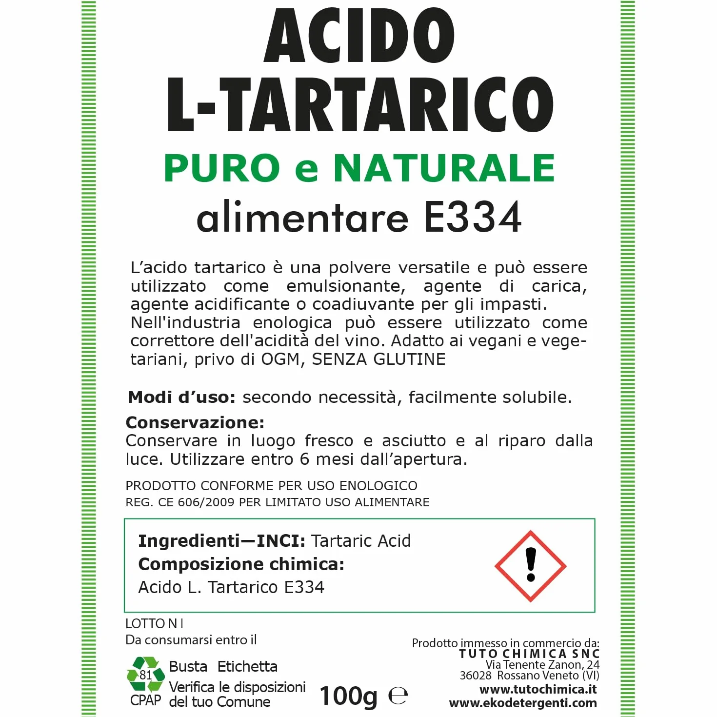Acido Tartarico Alimentare E334 100gr