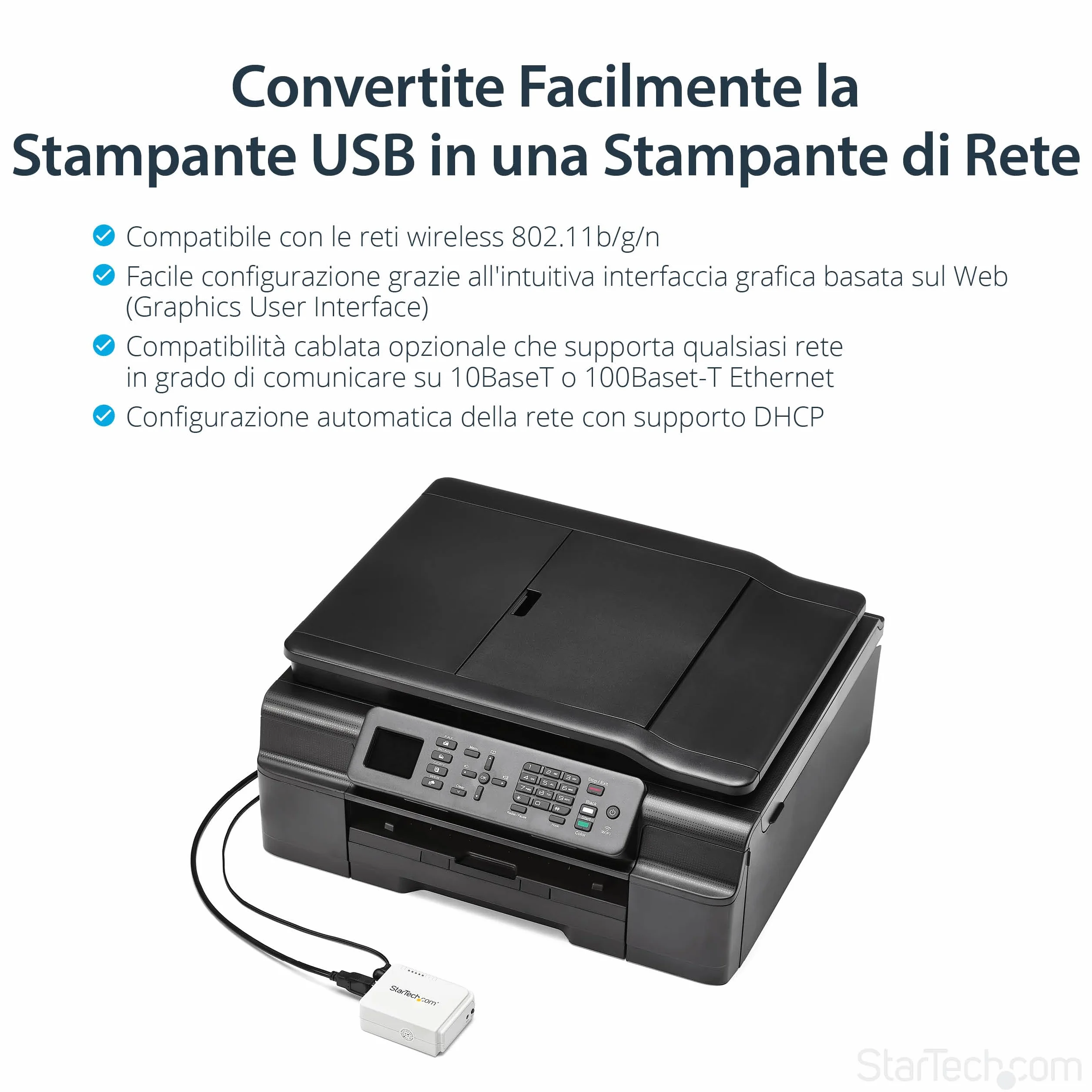 StarTech.com Server di Stampa Wireless N ad 1 porta USB con porta ethernet 10/100 Mbps - WiFi Print Server USB - 802.11 b/g/n (PM1115UWEU)