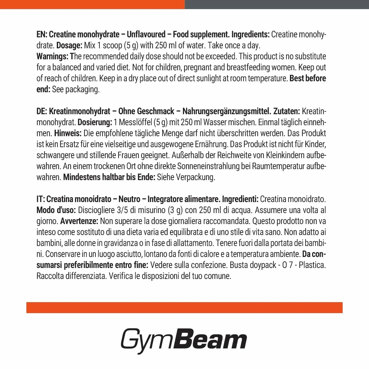 GymBeam Creatina Monoidrata 100% Polvere Altamente Solubile 500 g Non aromatizzato