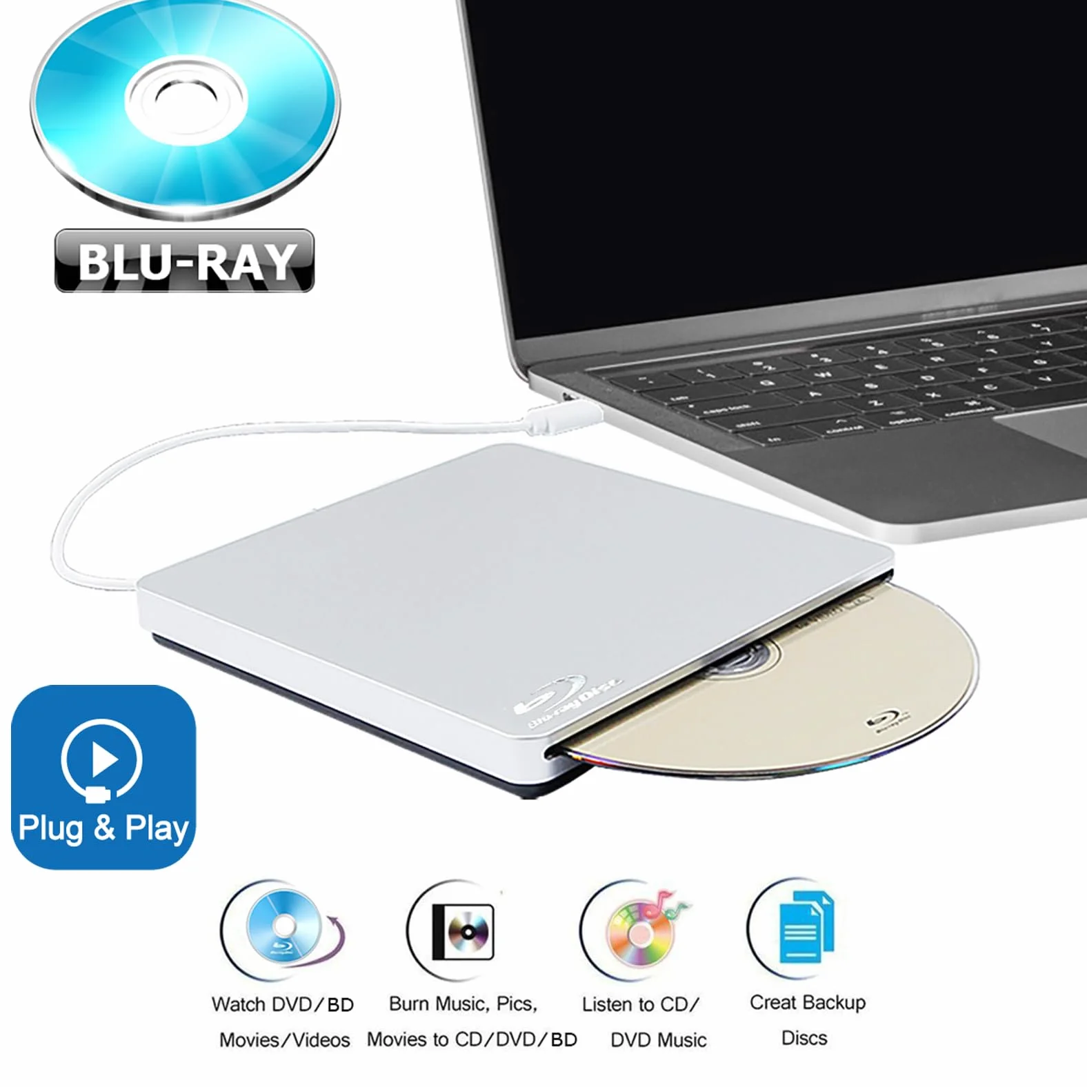 Superdrive USB esterno USB-C per lettore Blu-ray Mac, masterizzatore di CD, DVD, BD, per computer portatile Apple MacBook Air M1 M2 M3 15 13 2020 2018 2017 2022 2019 2024, unità ottica DVD+-RW 6X