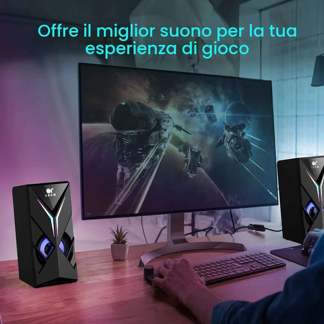 OROW PC Altoparlanti 10W RGB con Luce LED Stereo Sound 2.0 USB 3.5 mm Jack Manopola Volume S201