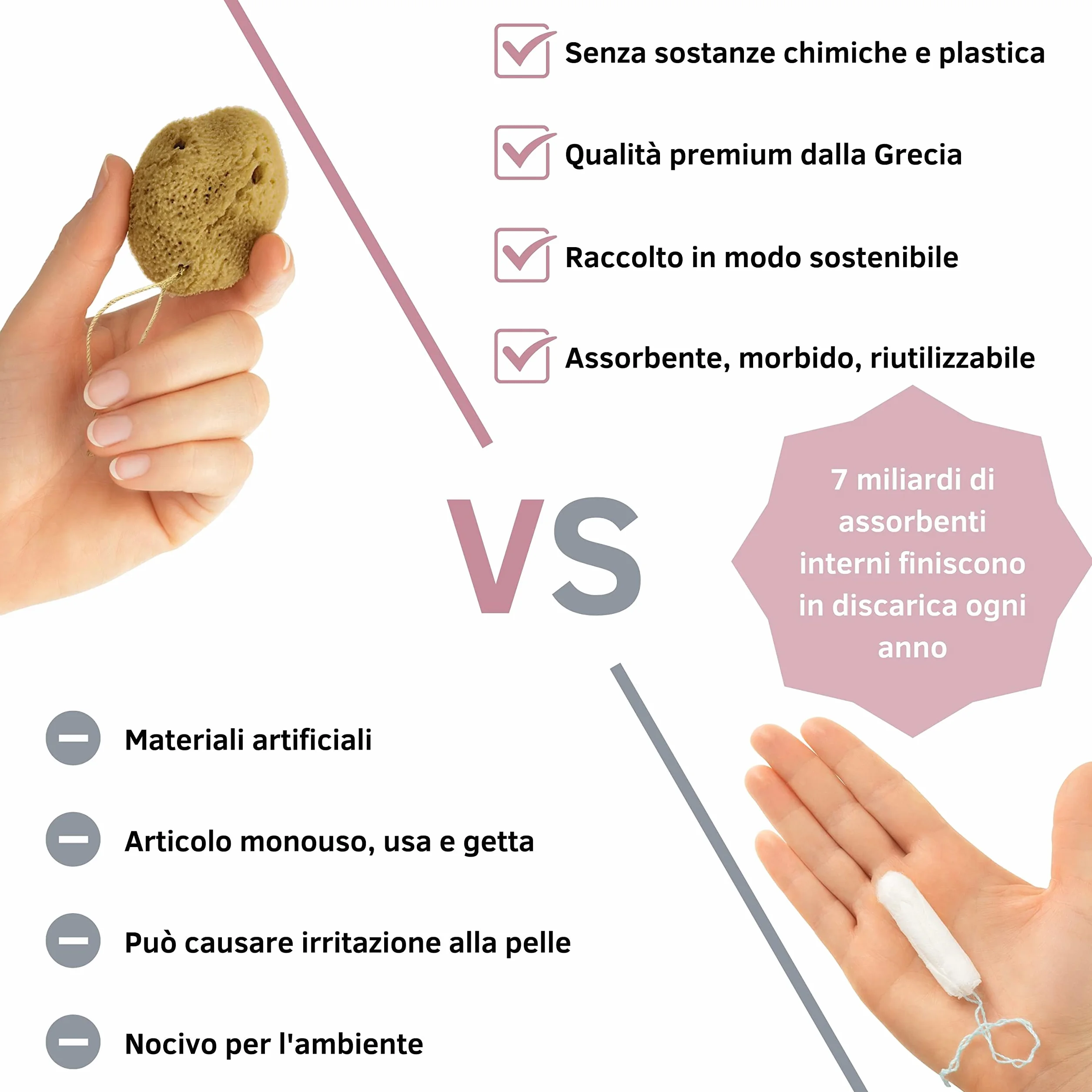 tom&pat Spugna mestruale naturale con filo riutilizzabile e lavabile Taglia S 3 x 3-5 cm