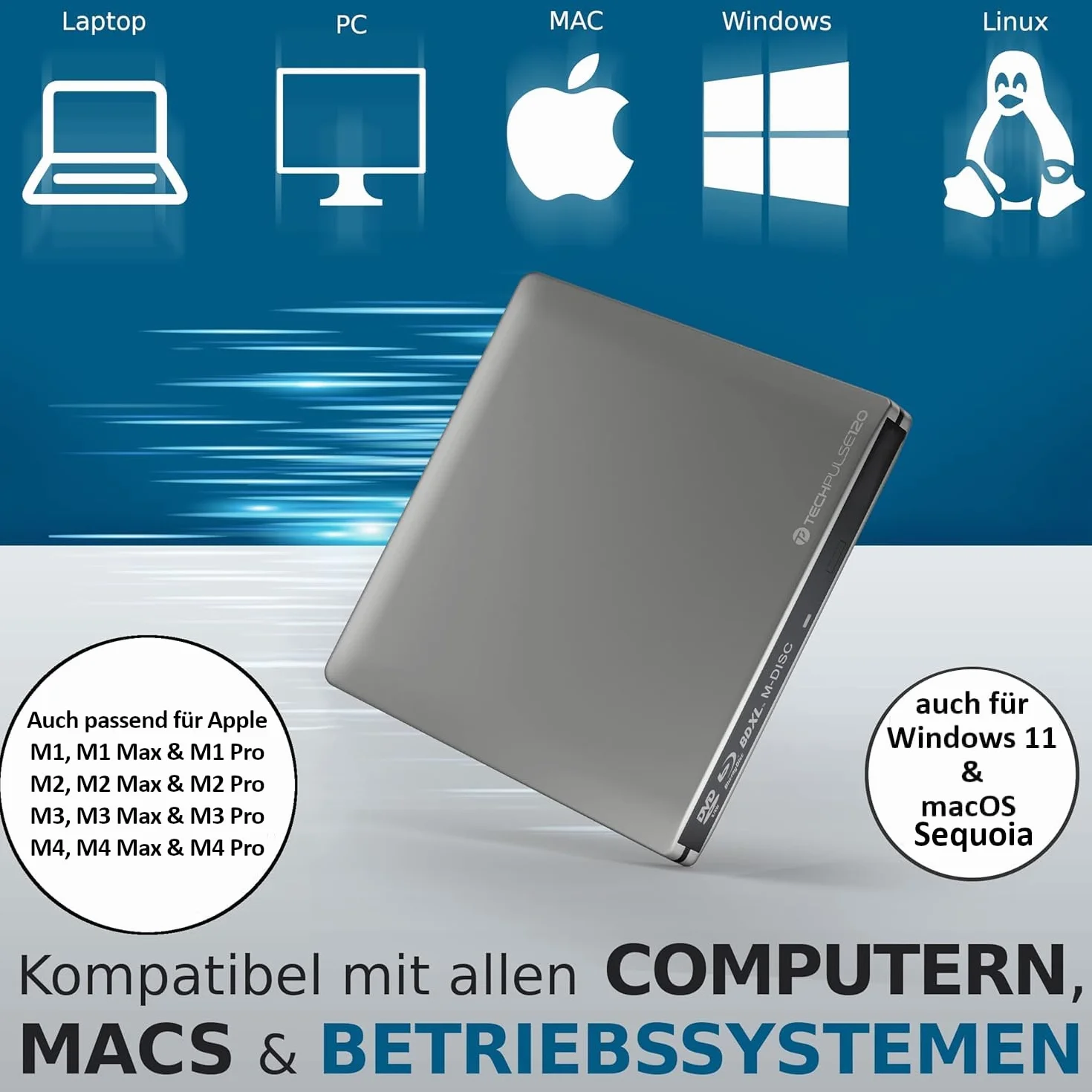 techPulse120 Esterno USB 3.1 Masterizzatore Lettore Blu-ray Blue BD Player BDXL Burner per PC USB-C M-Disc lettori BluRay USB Alu Argento