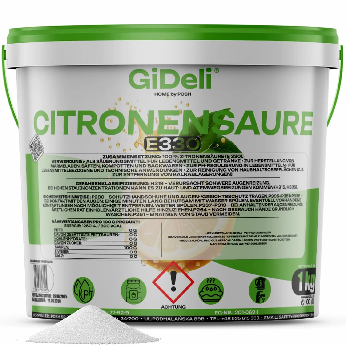 GiDeli Acido Citrico Alimentare Polvere Monoidrato E330 1 kg Cristalli Anticalcare