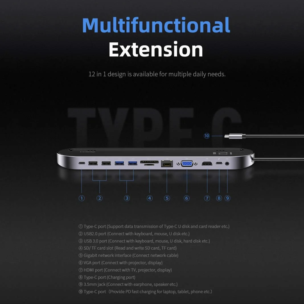HUB USB Docking Station Splitter Multi-Function HUB Laptop Stand Base 12 in 1 USB 3-C/Type-C + 2 USB 2.0 + 2 USB 3.0 + Porta RJ45 Ethernet Gigabit + VGA + HDMI con TF Card SD/Slot & 3.5mm Jack DAT