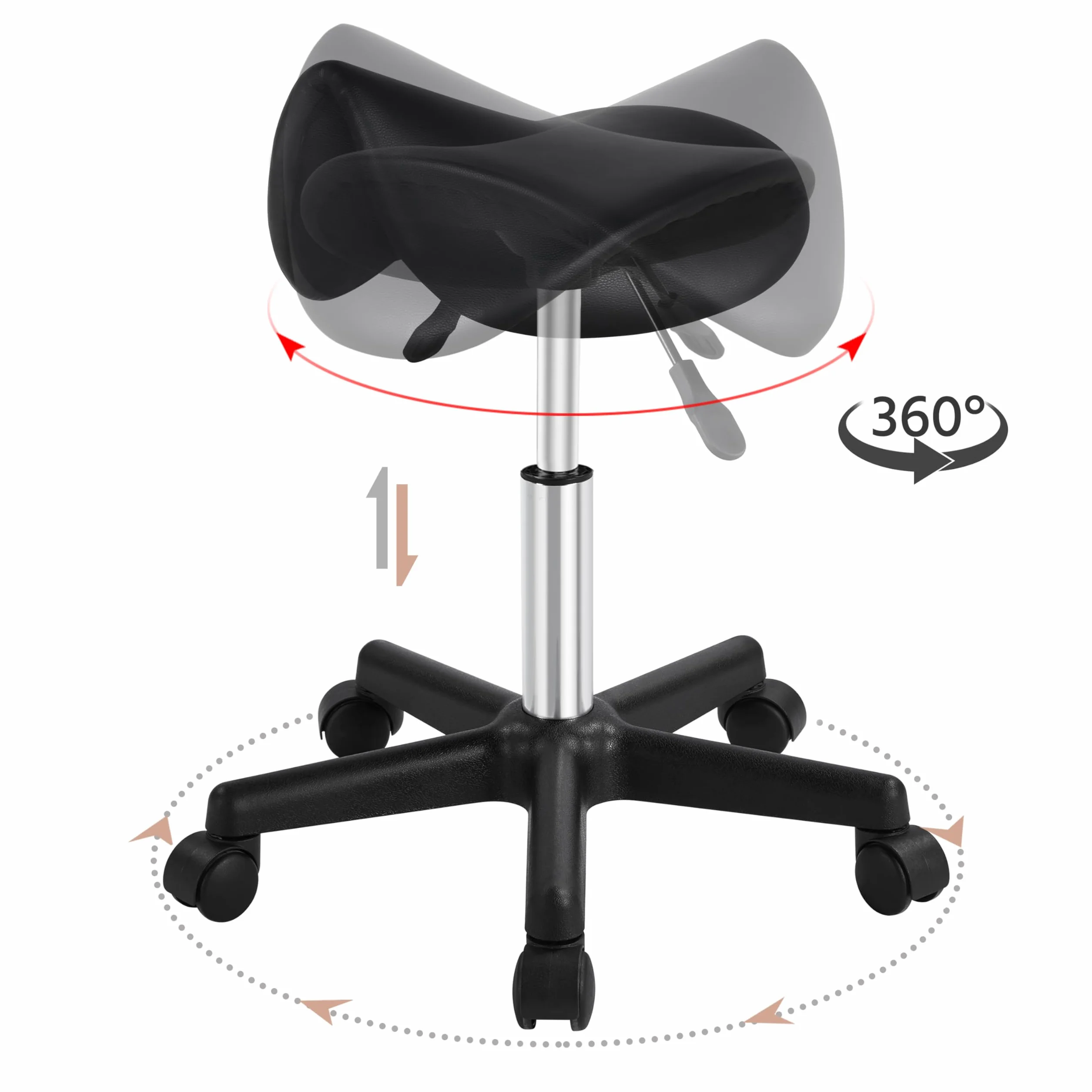 Yaheetech Sgabello a Sella con Ruote Regolabile in Altezza Sedia Estetista Girevole Ergonomico Nero
