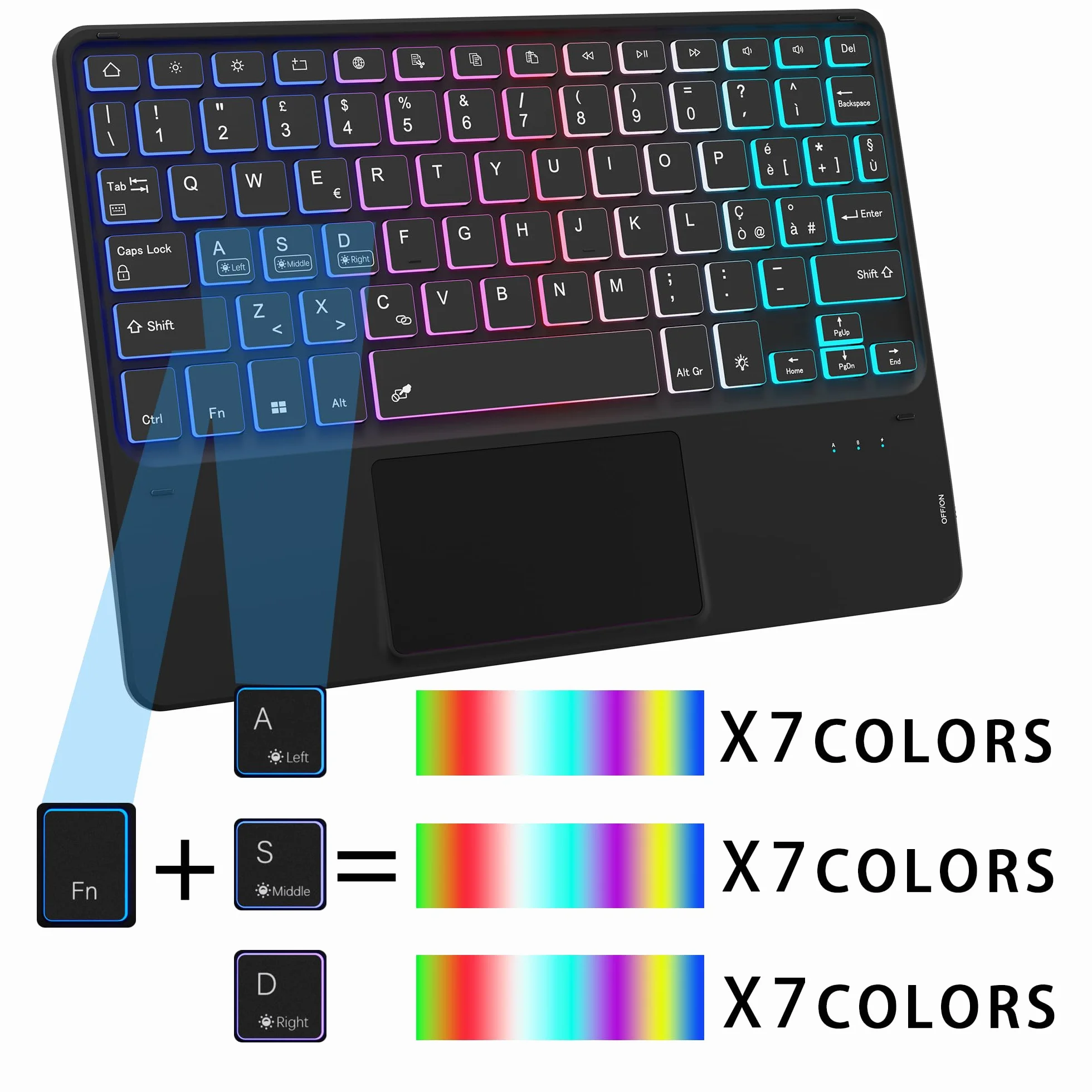 Custodia con Tastiera per Samsung Galaxy Tab S6 Lite 10.4" 2024/2022/2020 : DIY a 3 zone e 7 colori retroilluminati Custodia per tastiera, Italiano ‎QWERTY Staccabile Tastiera con Touchpad per S6 Lite