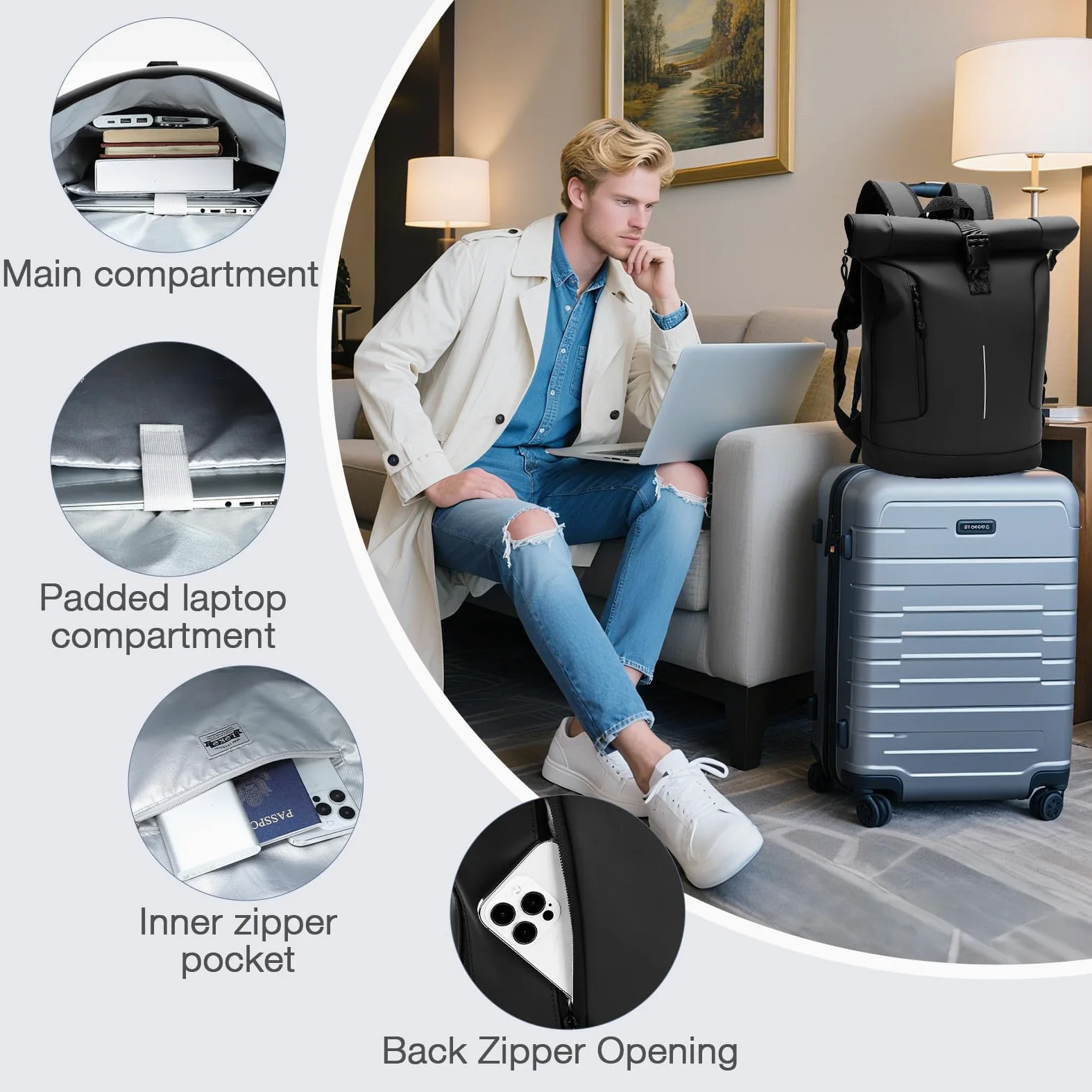 Zaino Rolltop Uomo Donna, Zaino Porta PC 17 Pollici Impermeabile, Grande zainetto da Viaggio Uomo Rains Zaini, Zaini Lavoro Uomo Elegante per Viaggi Lavoro Università Scuola Casual