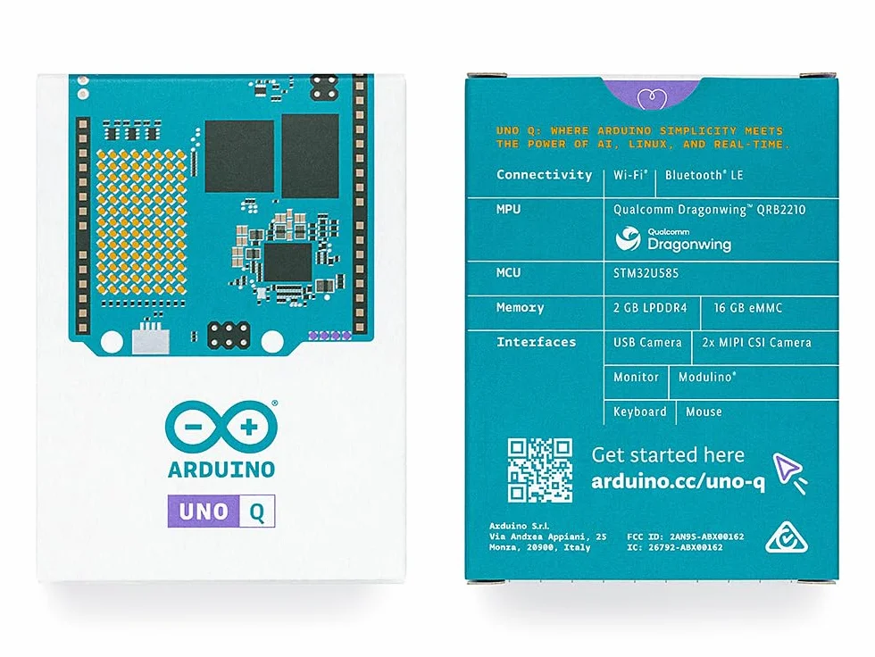 Arduino UNO Q Qualcomm Dragonwing QRB2210 STM32U585 AI Vision Voice IoT Robotica Linux Debian OS Wi-Fi 5 USB-C