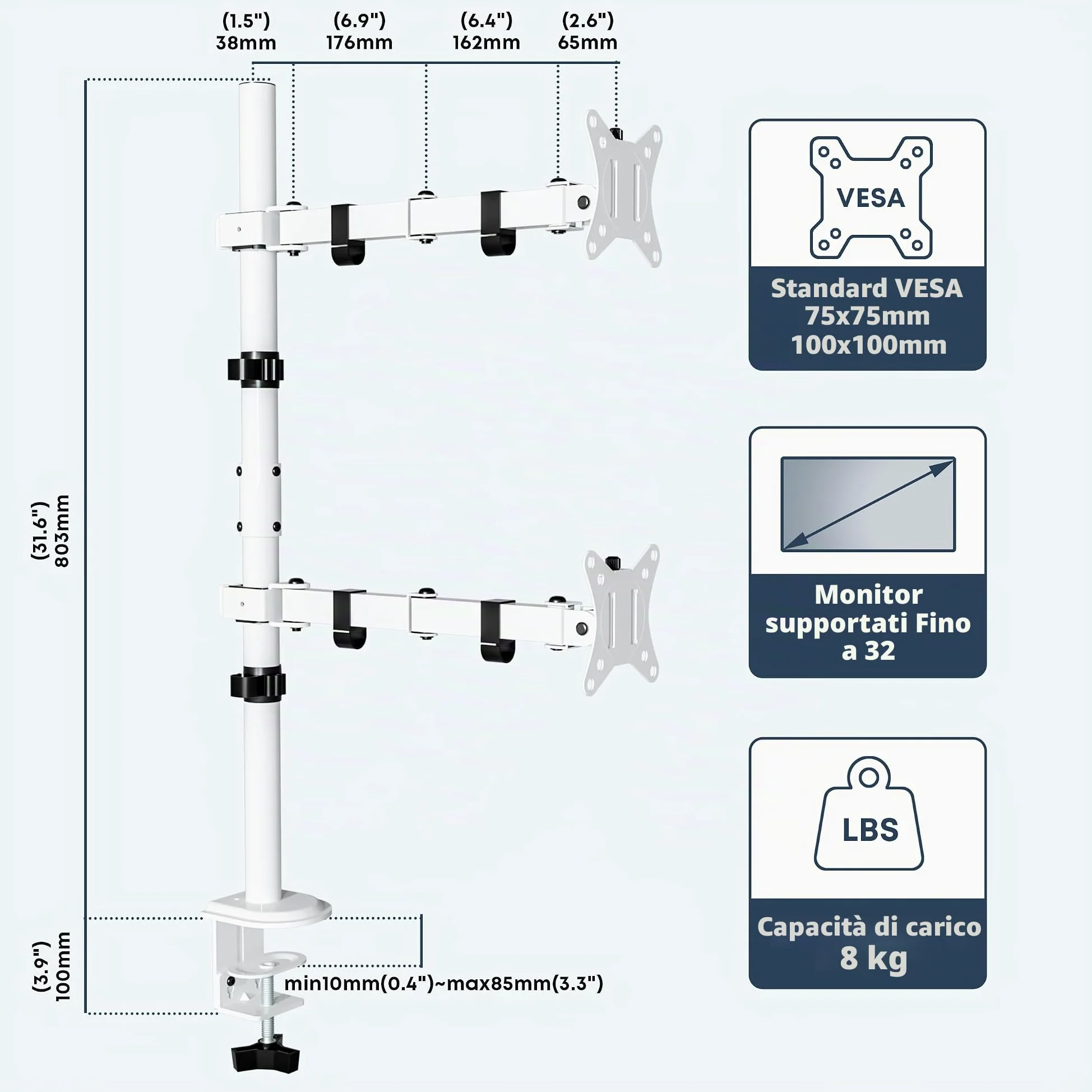 WORLDLIFT Supporto per Doppio Monitor Verticale per Schermo LED LCD da 17-32 Pollici Supporto VESA 75/100 mm Lunghezza dell'asta 80 cm Regolabile in altezza Capacità di peso 8KG