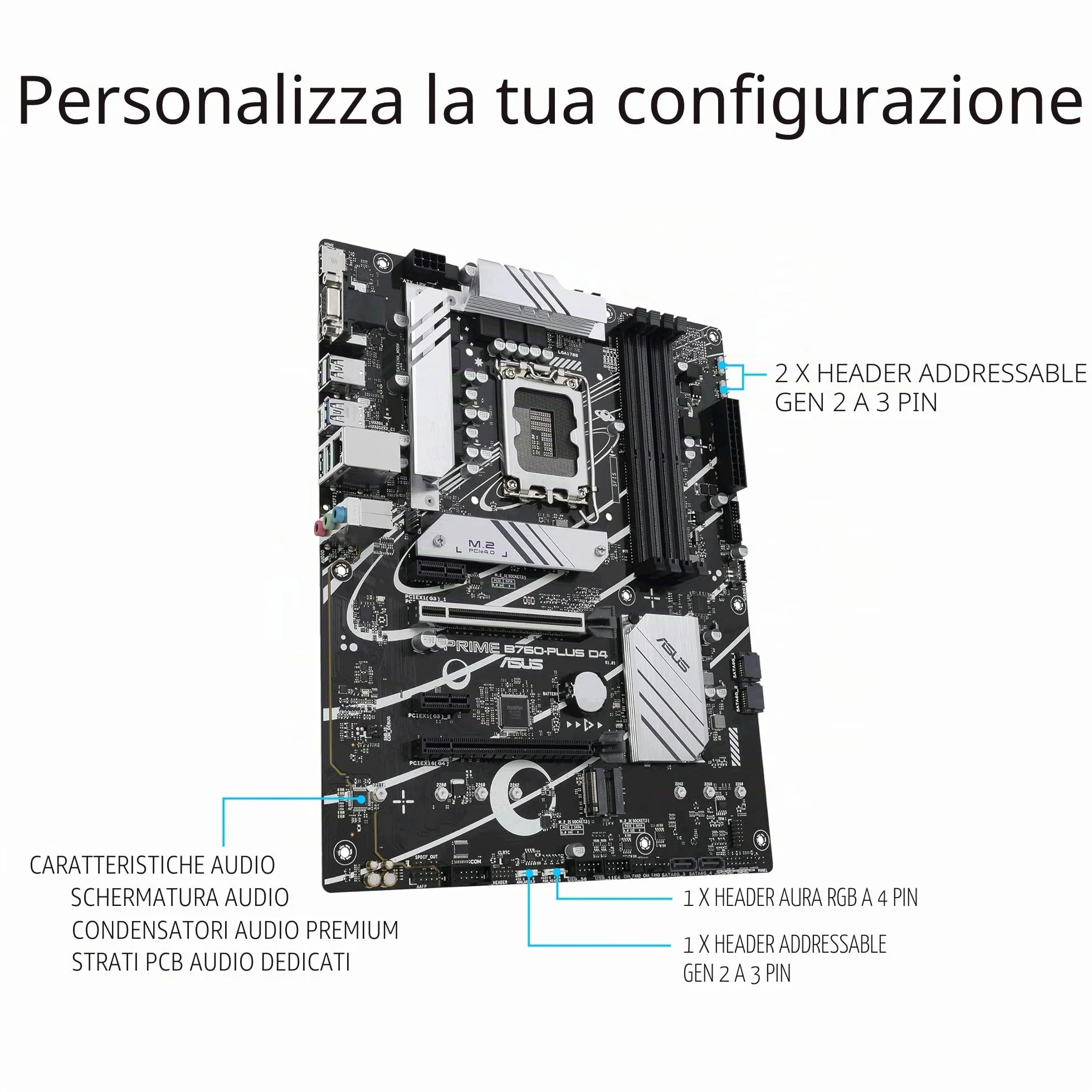 ASUS Prime B760-PLUS D4, Scheda Madre Intel LGA 1700 ATX, DDR4, PCIe 5.0, 3 slot PCIe 4.0M.2, Realtek 2.5Gb Ethernet, SATA 6 Gbps, USB 3.2 Gen 2 Type-C, Thunderbolt USB4, Aura Sync, Nero