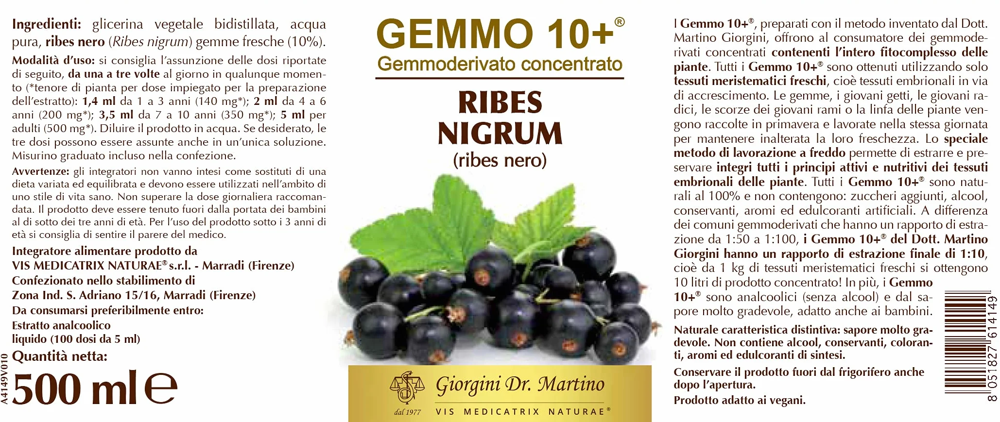 Dr Giorgini RIBES NERO Gemmoderivato Concentrato Liquido Analcoolico 500 Millilitri