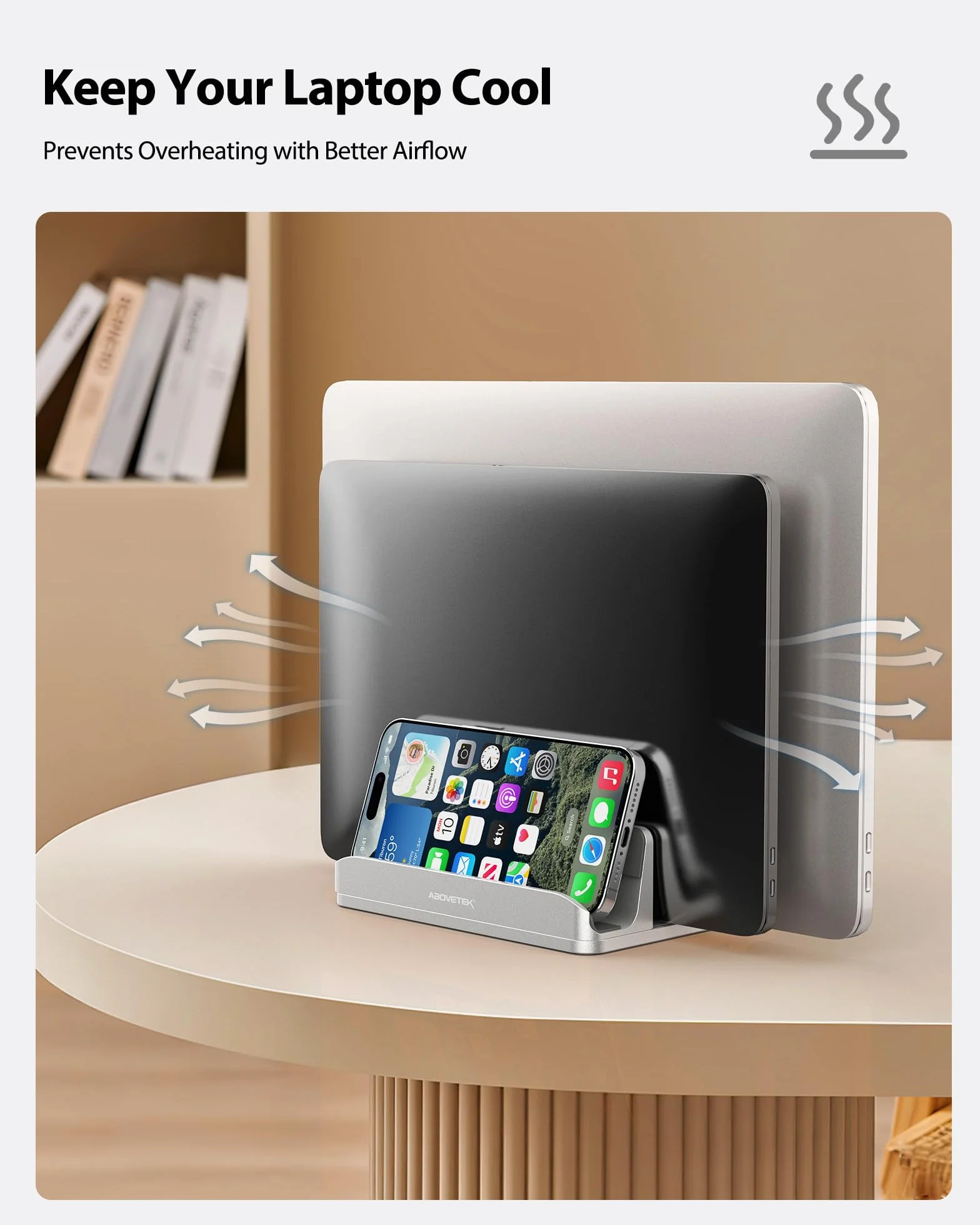 AboveTEK Supporto Laptop Verticale fino a 17,3 ", Porta per Laptop/Tablet/Cellulare 3 in 1 in Alluminio, Impugnature in Silicone Antiscivolo a 3 Slot per MacBook/Notebook/iPad/Telefono (Argento)
