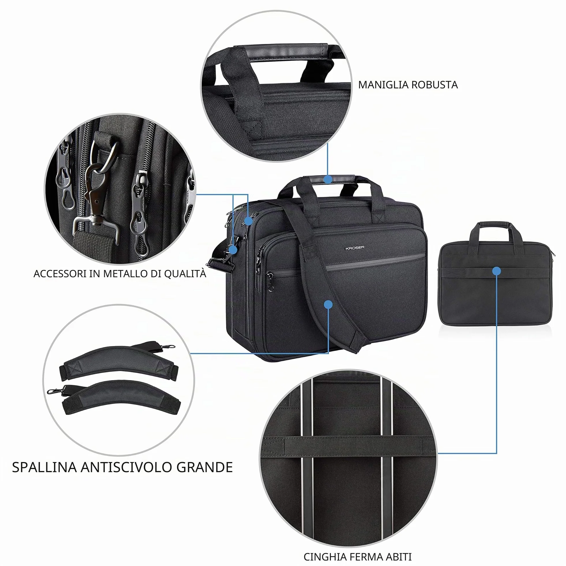 KROSER 18" Borsa del Portatile Cartella per Laptop Adatto per Laptop fino a 17,3 Pollici Borsa a Tracolla Espandibile Borsa per Computer con Tasche RFID per Viaggi/Affari/Scuola/Uomini/Donne-Nero