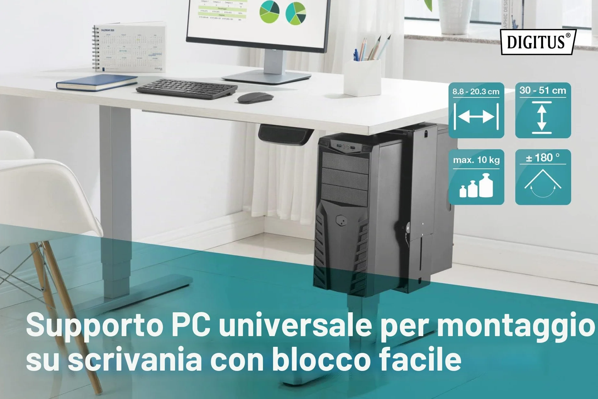 DIGITUS Supporto universale per PC - Per case di computer standard - Montaggio sotto la scrivania - Regolazione continua dell'altezza e della larghezza - Capacità di carico di 10 kg - Nero