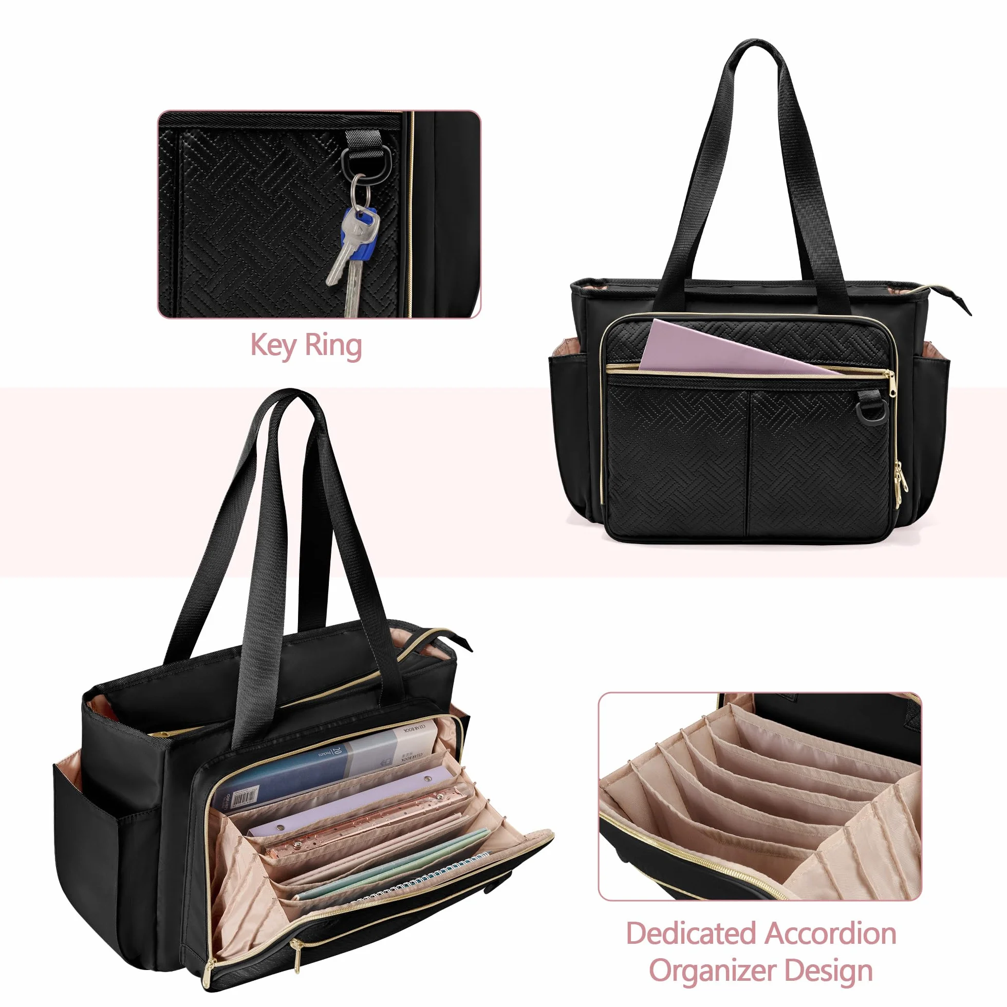 Borsa per Insegnanti con tasca a Fisarmonica per L'organizzazione dei file, Grande Borsa da Lavoro per Insegnanti per Donne, Nero (Design Brevettato)