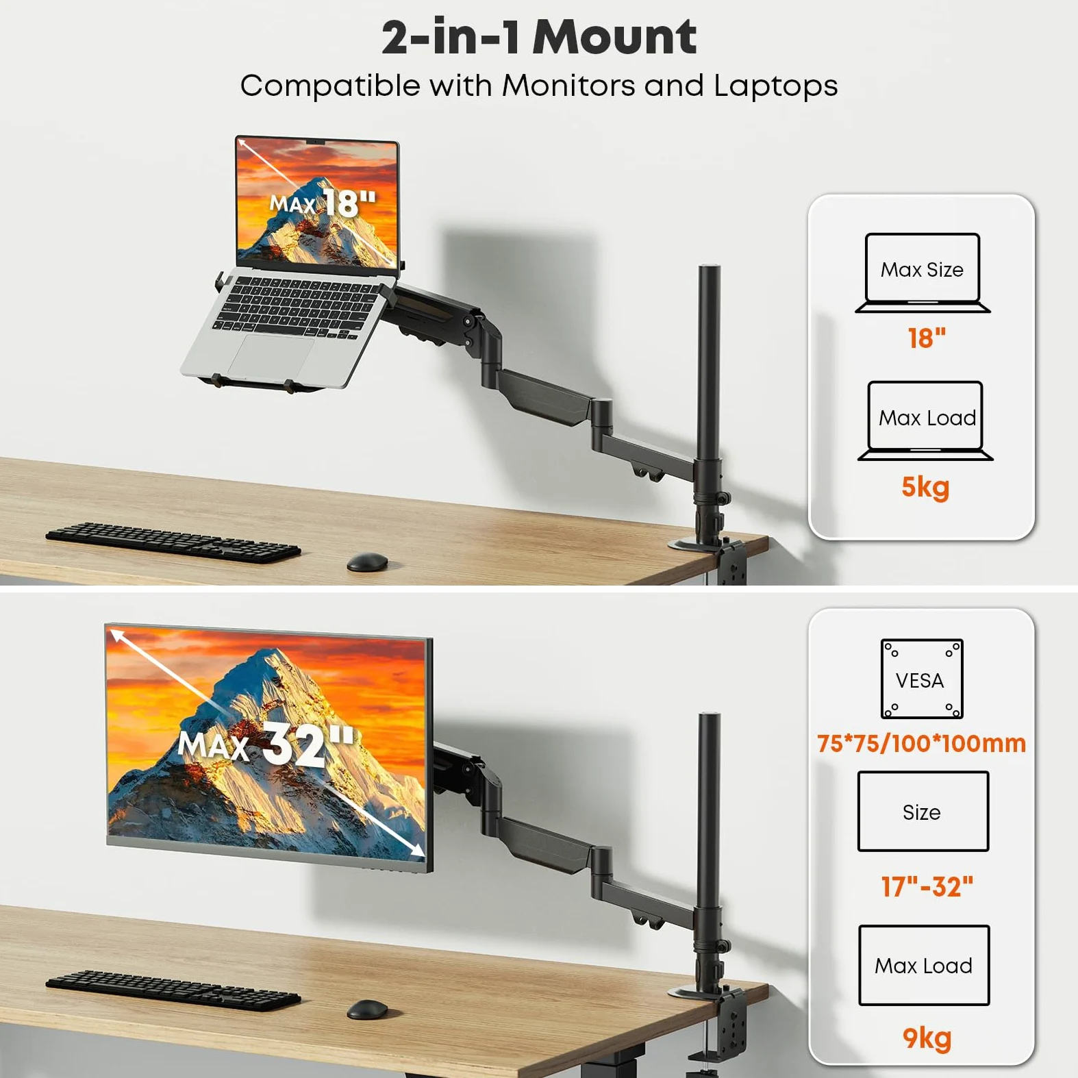PUTORSEN Supporto a braccio per laptop fino a 18" e monitor da 17-32" | Portata massima 9 kg, supporto per monitor extra lungo con ripiano per laptop, sezione centrale rimovibile, VESA 75/100 mm