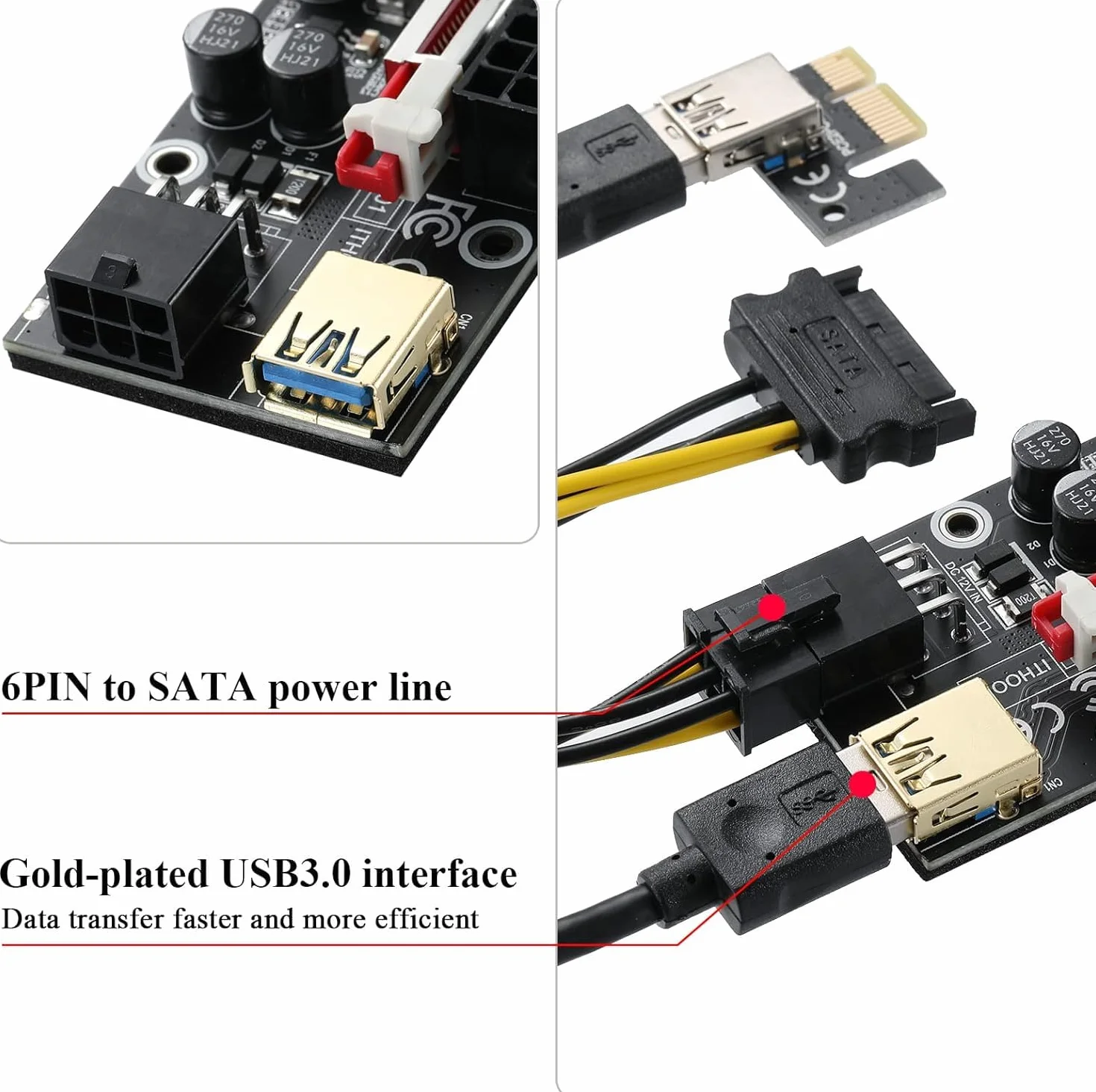 VER009S Scheda Riser PCIE da 1X a 16X per GPU, con cavo di estensione USB 3.0 da 0,6 m - Cavo di alimentazione SATA a 6 pin - Scheda adattatore GPU Extender per Bitcoin Ethereum Mining ETH (6 pezzi)