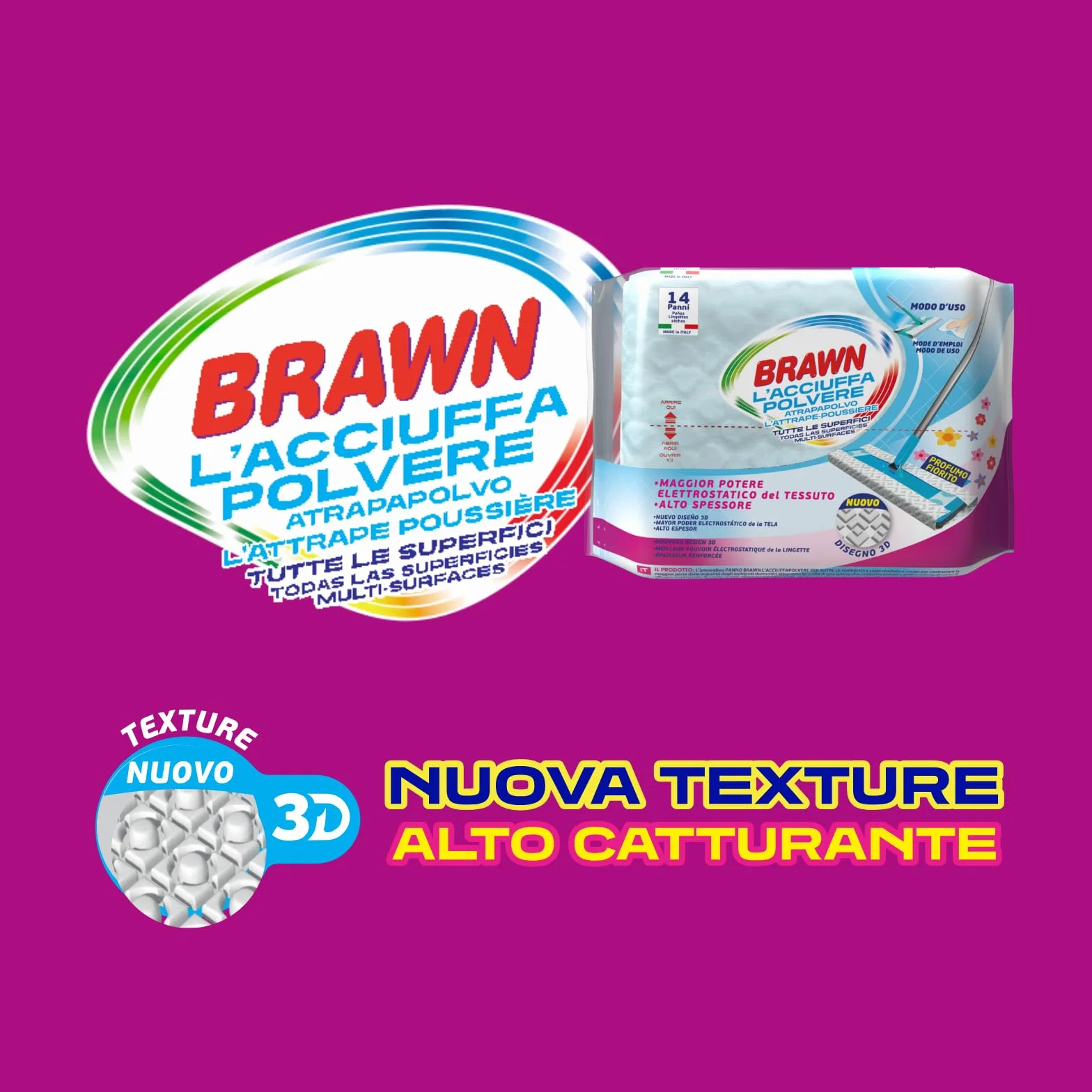 Brawn Acciuffapolvere Tessuto Texture 3D Alto Spessore Potere Elettrostatico Profumo Fiorito Confezione 14 Panni