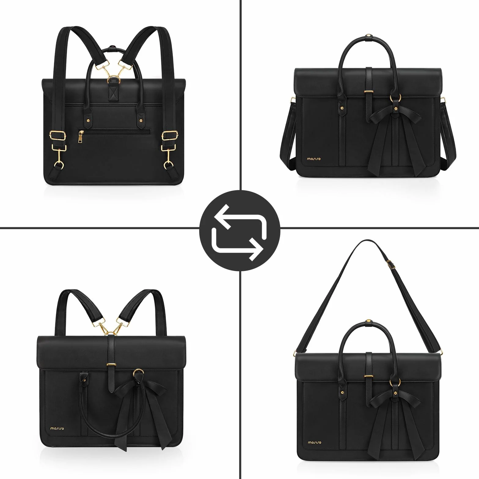 MOSISO Borsa Porta PC Donna,15-15,6 Pollici Laptop in Pelle PU Borsa a Tracolla Convertibile,16 Pollici Borse Messenger Casual Lavoro Viaggio Computer Custodia con Nodo a Fiocco,Nero