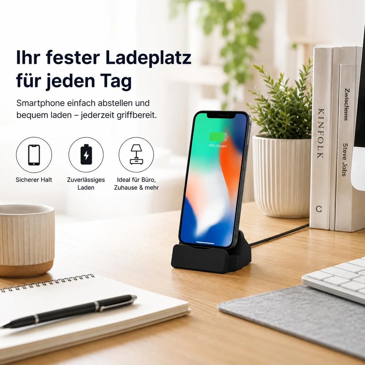P59CS Bolwins USB Type-C - Docking station con cavo da 1 m - Stazione di ricarica da scrivania - Docking station per smartphone con porta USB-C - Sincronizzazione e ricarica - 5 V - Nero