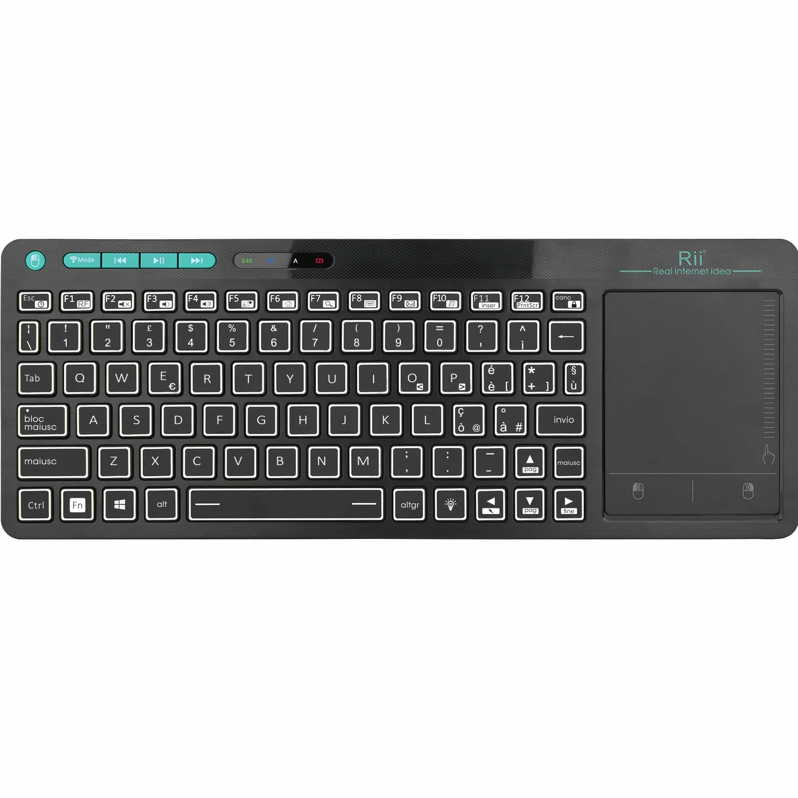 Rii Mini i18S Wireless + Bluetooth - Tastiera compatta con ampio mouse touchpad e retroilluminazione LED, compatibile con Smart TV, TV Box, Tablet, Smartphone, Console, PC, Fire TV, Raspberry