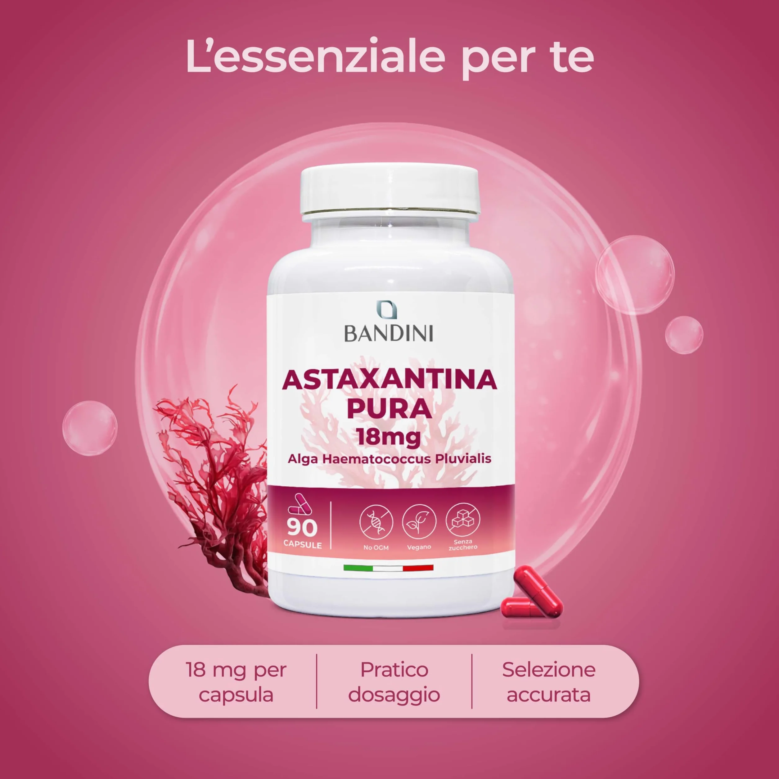 Bandini Astaxantina 18 mg 90 capsule antiossidante naturale alga Haematococcus Pluvialis