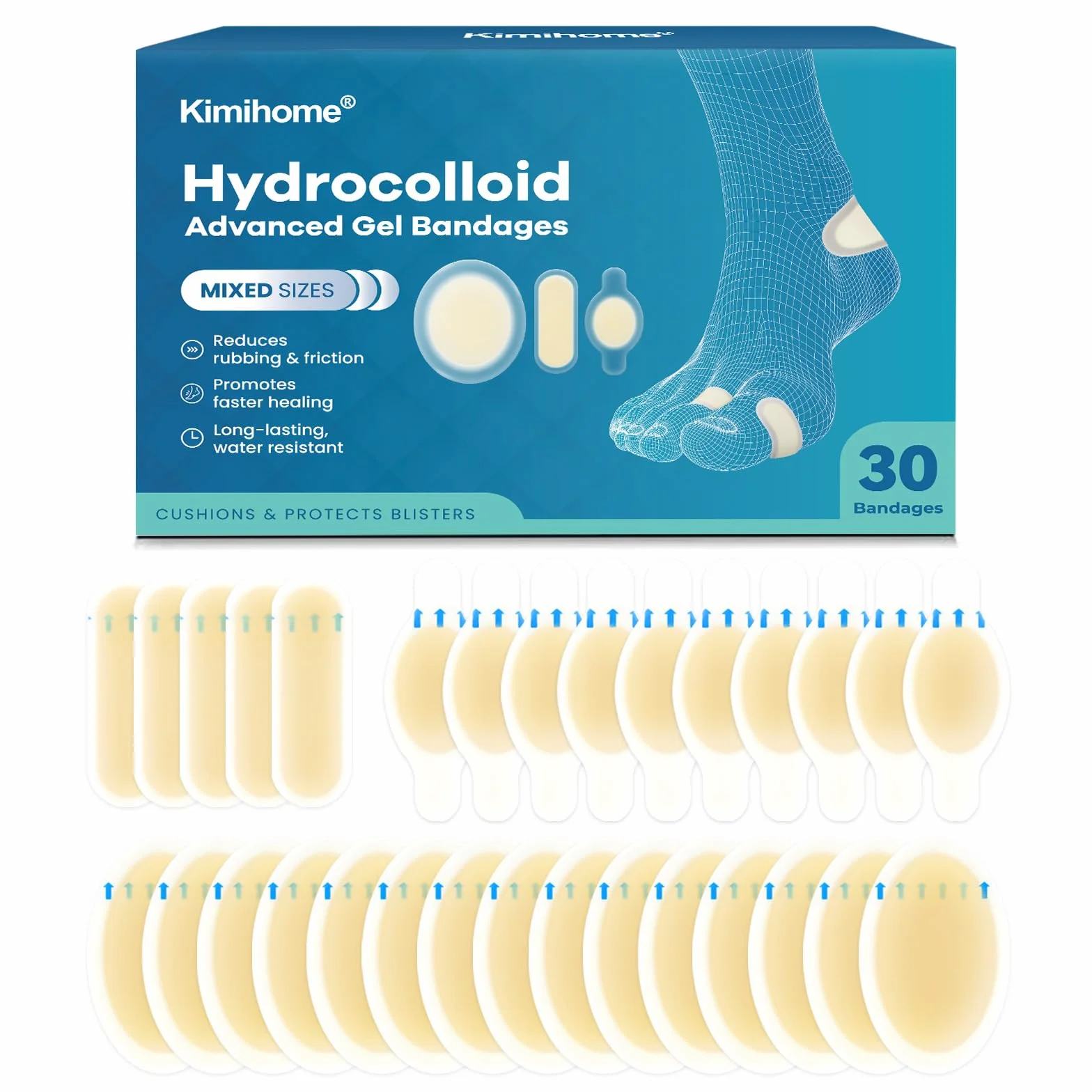 Kimihome Cuscinetti idrocolloidali per piedi 30 ct, gel per tallone e dita, prevenzione vesciche, resistenti all'acqua
