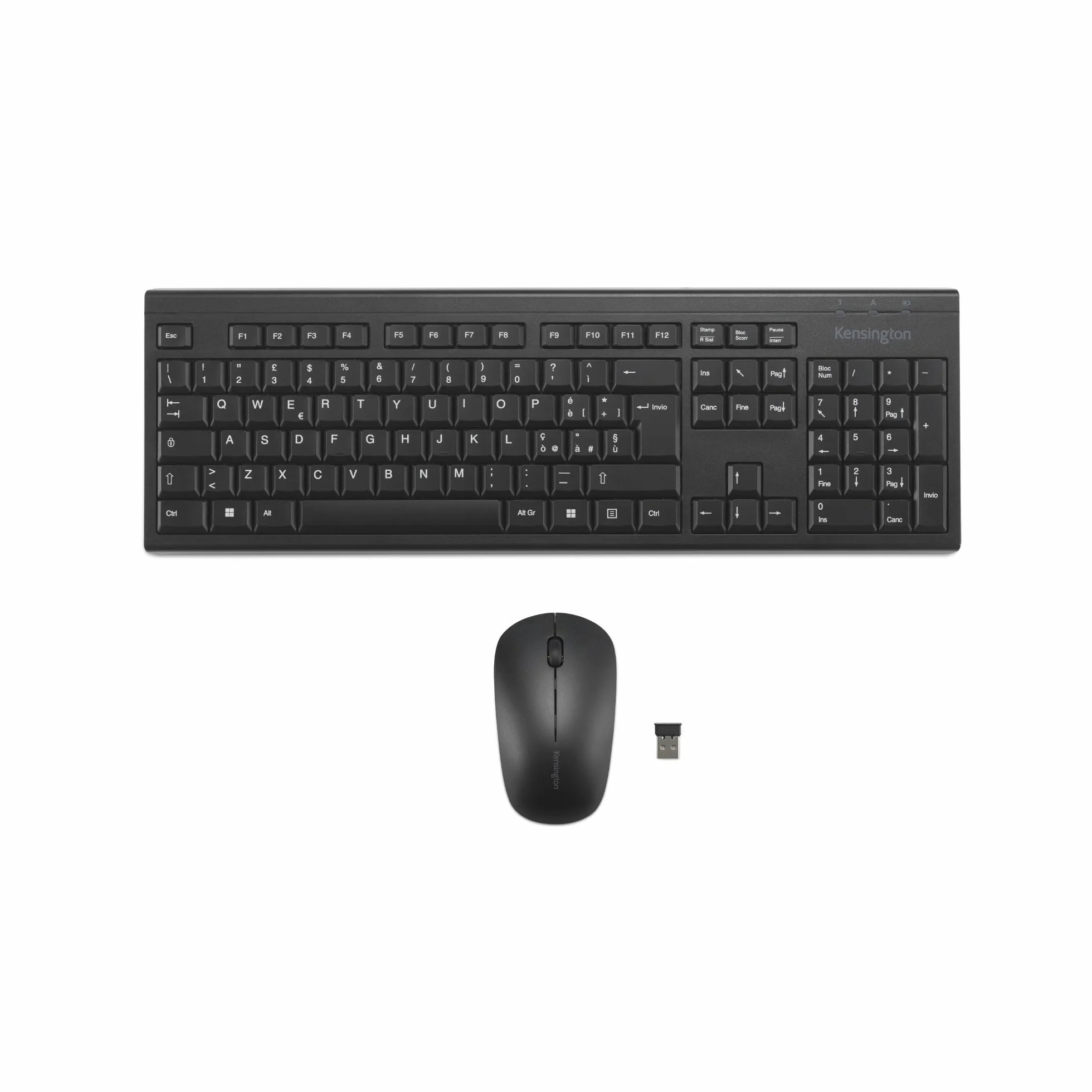 Kensington KM150 EQ Set tastiera e mouse wireless, per Windows e MacOS, ricevitore USB 2,4 GHz Nano, tastiera numerica a grandezza naturale, mouse silenzioso 1200 DPI, layout QWERTY, nero, K75562IT