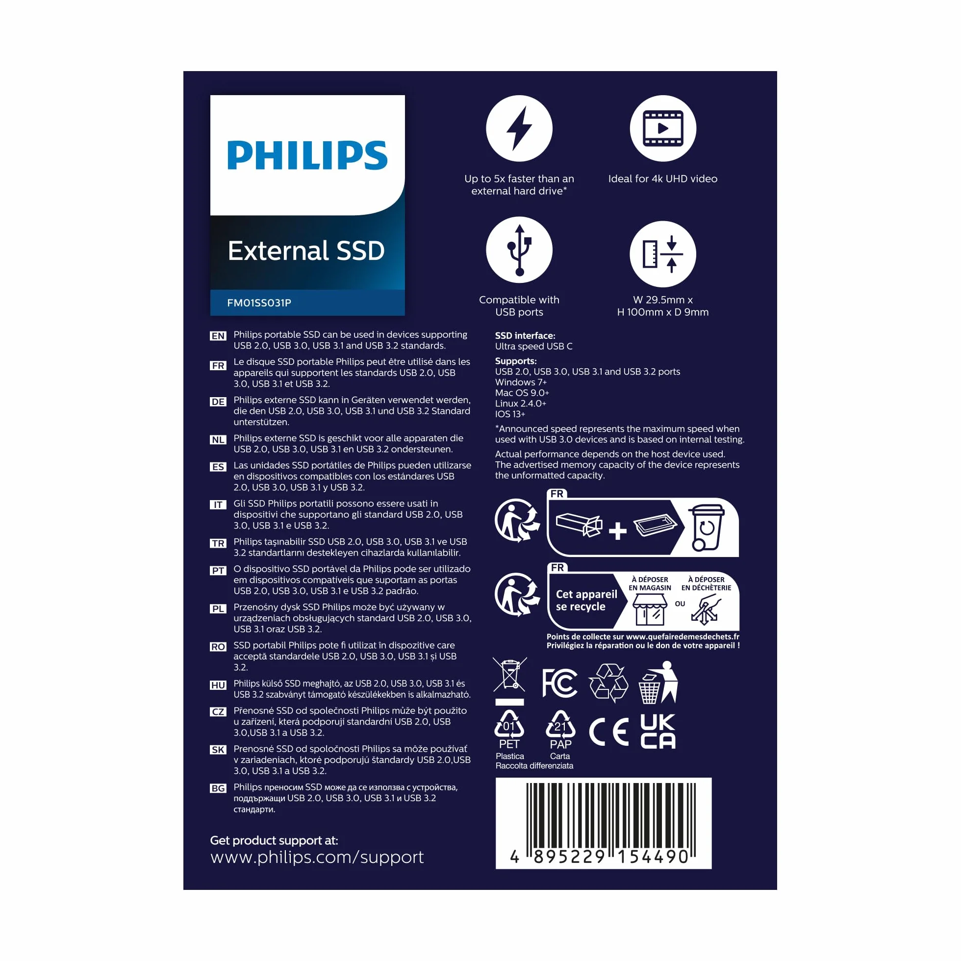 Philips SSD Portatile Esterno 1 TB - Ultra Slim SATA Ultra Speed USB-C, velocità di lettura fino a 540 MB/s, alluminio