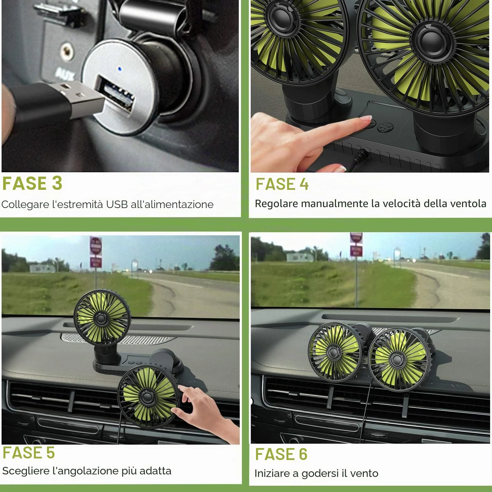 Ymenow 5V 2A Ventilatori USB a Doppia Testa, Ventilatore auto ventilatore portatile ventilatore da tavolo silenzioso ventilatore aria fredda con Rotazione di 360 Gradi per Auto, Cruscotto e Ufficio