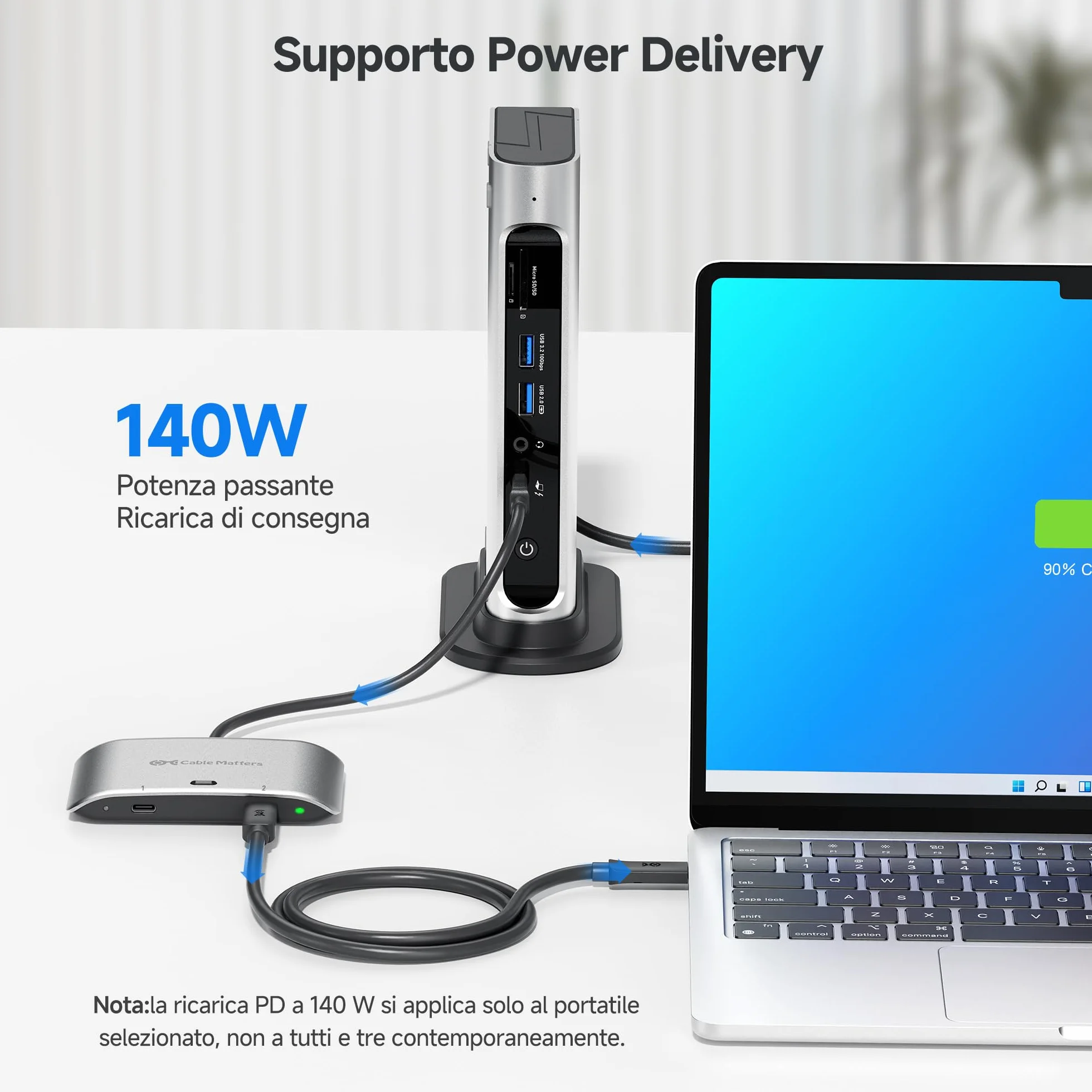 Cable Matters Switch USB C da 20 Gbps per 2 computer, PD da 140 W, fino a 8K@30Hz su Windows, 4K@60Hz su macOS, condivisione di un monitor o dock USB-C/Thunderbolt 4 (non per dock con cavo collegato)