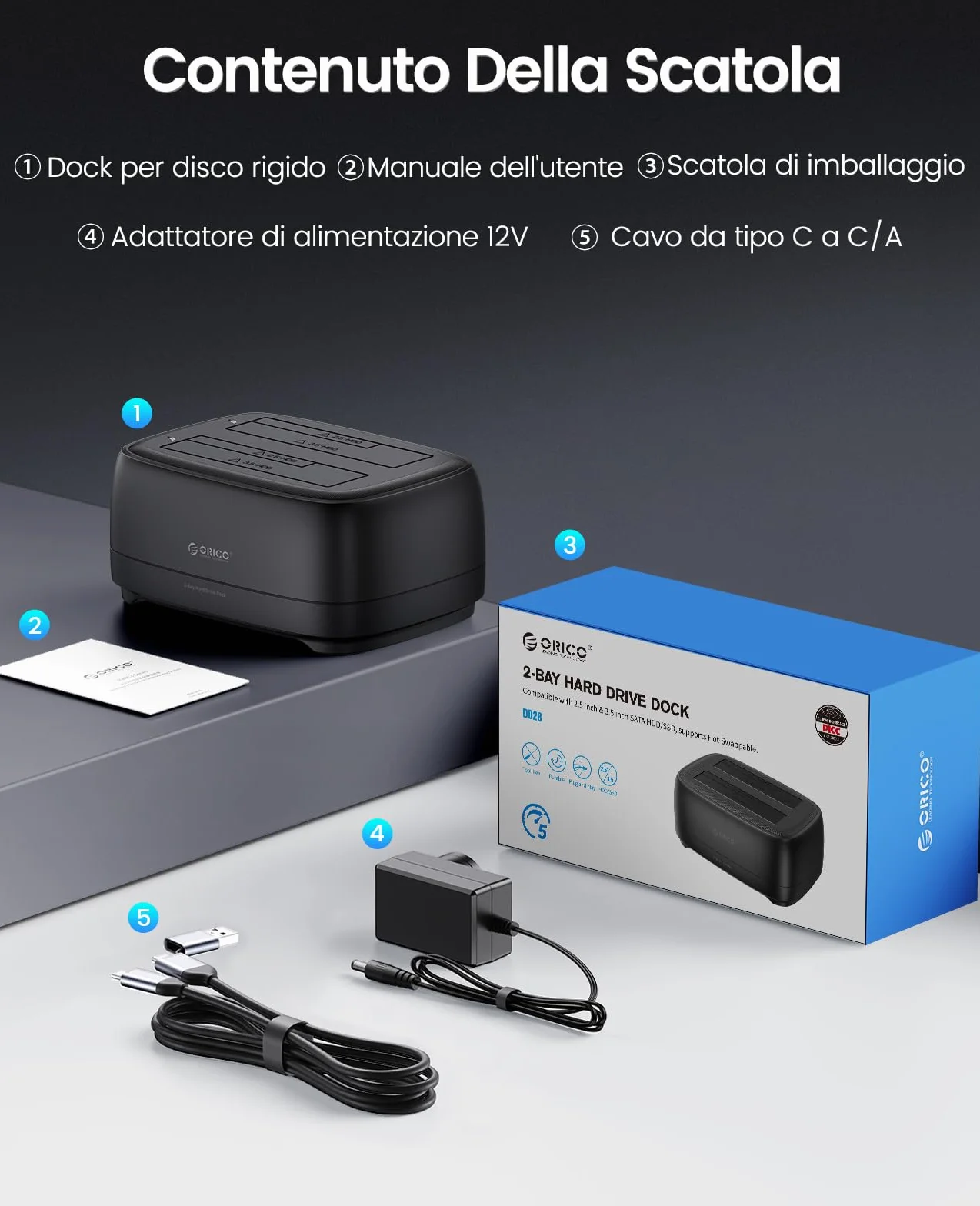ORICO Dual Bay Docking Station USB 3.2 Gen1 per HDD SSD SATA 2,5 e 3,5 Pollici, Case Esterno Fino a 40TB con UASP (DD28C3)