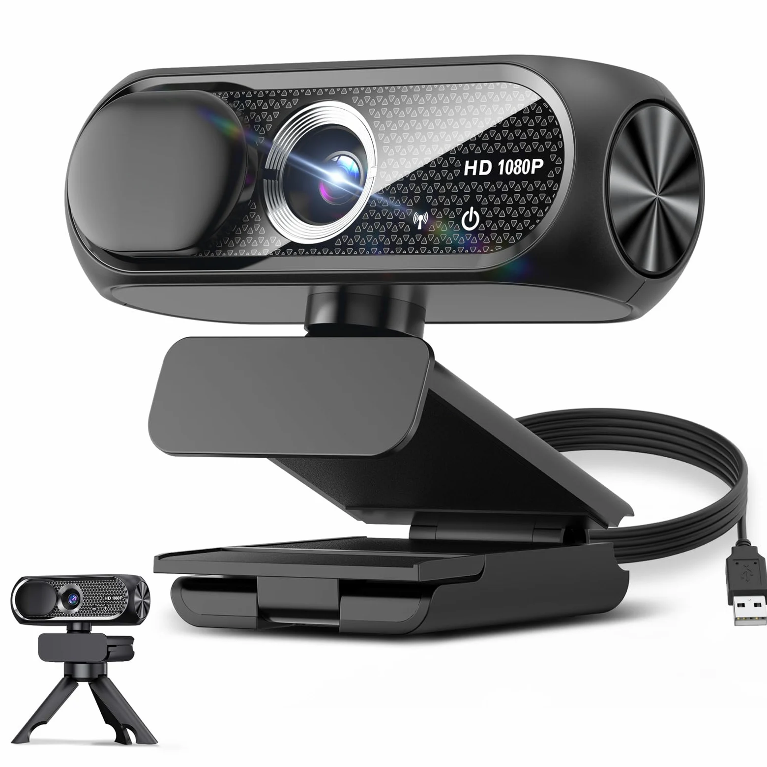 Webcam HD 1080P con treppiede e microfono girevoli, cancellazione del rumore, copertura per la privacy, obiettivo grandangolare, correzione automatica della luce, webcam USB Plug & Play, per laptop