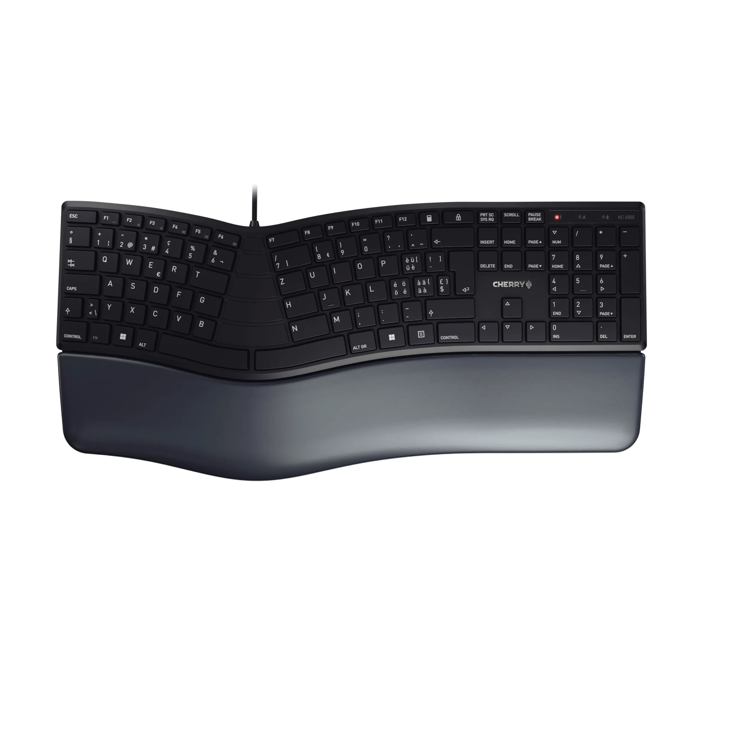 CHERRY KC 4500 ERGO, Tastiera Ergonomica, Layout per la Svizzera (QWERTZ), Con Filo, Poggiapolsi Imbottito con Memory Foam, Tastierina Arcuata, Nero