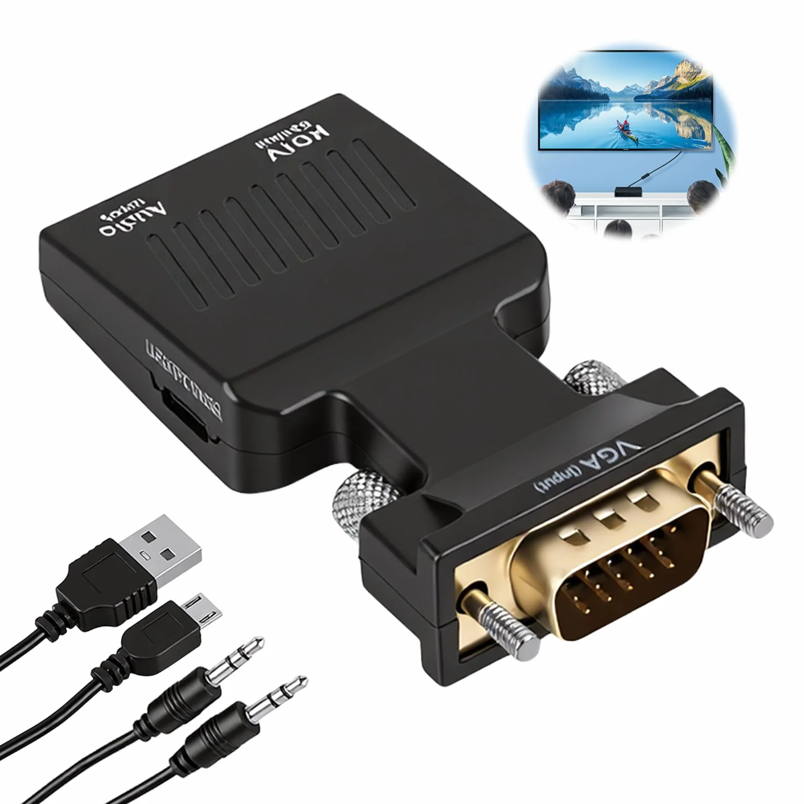 Adattatore VGA a HDMI con audio 1080P Convertitore VGA maschio a HDMI femmina con jack da 3,5 mm e cavo di alimentazione USB, unidirezionale per PC, laptop, TV, monitor, proiettore