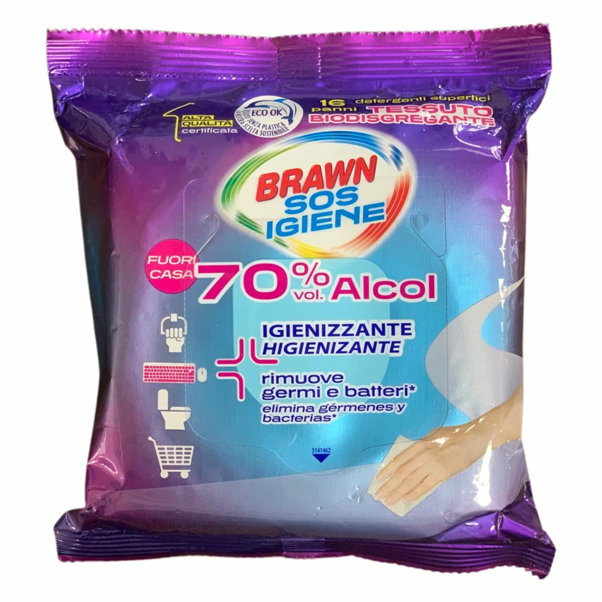 SOS IGIENE Salviette Detergenti Igienizzanti Superfici 70% vol. Alcol, Rimuove Germi e Batteri, Tessuto Biodisgregante (16 Panni)