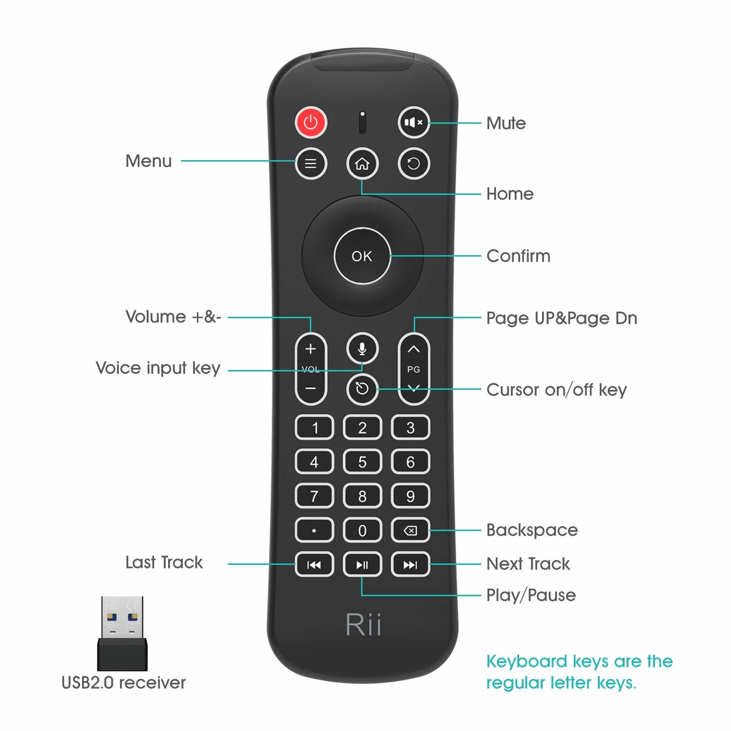 Rii Mini MX6+ (Wireless + IR) - Telecomando con Mouse giroscopico, Tastiera retroilluminata e Microfono integrati per Smart TV Android, TV Box, PC Windows e Mac