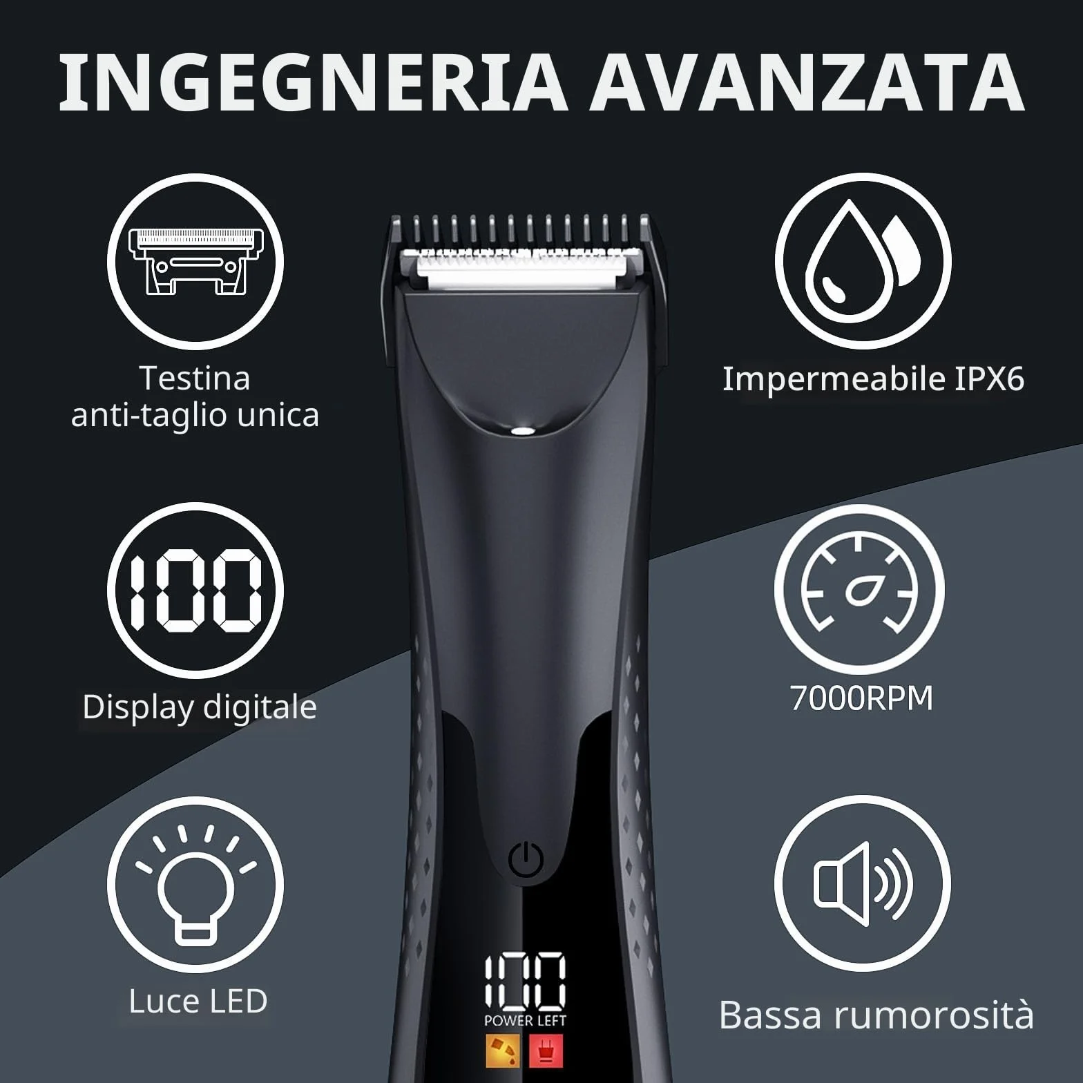 Rasoio Elettrico Corpo Uomo Vexloria con LED e Display LCD, Lame in Ceramica, USB Ricaricabile