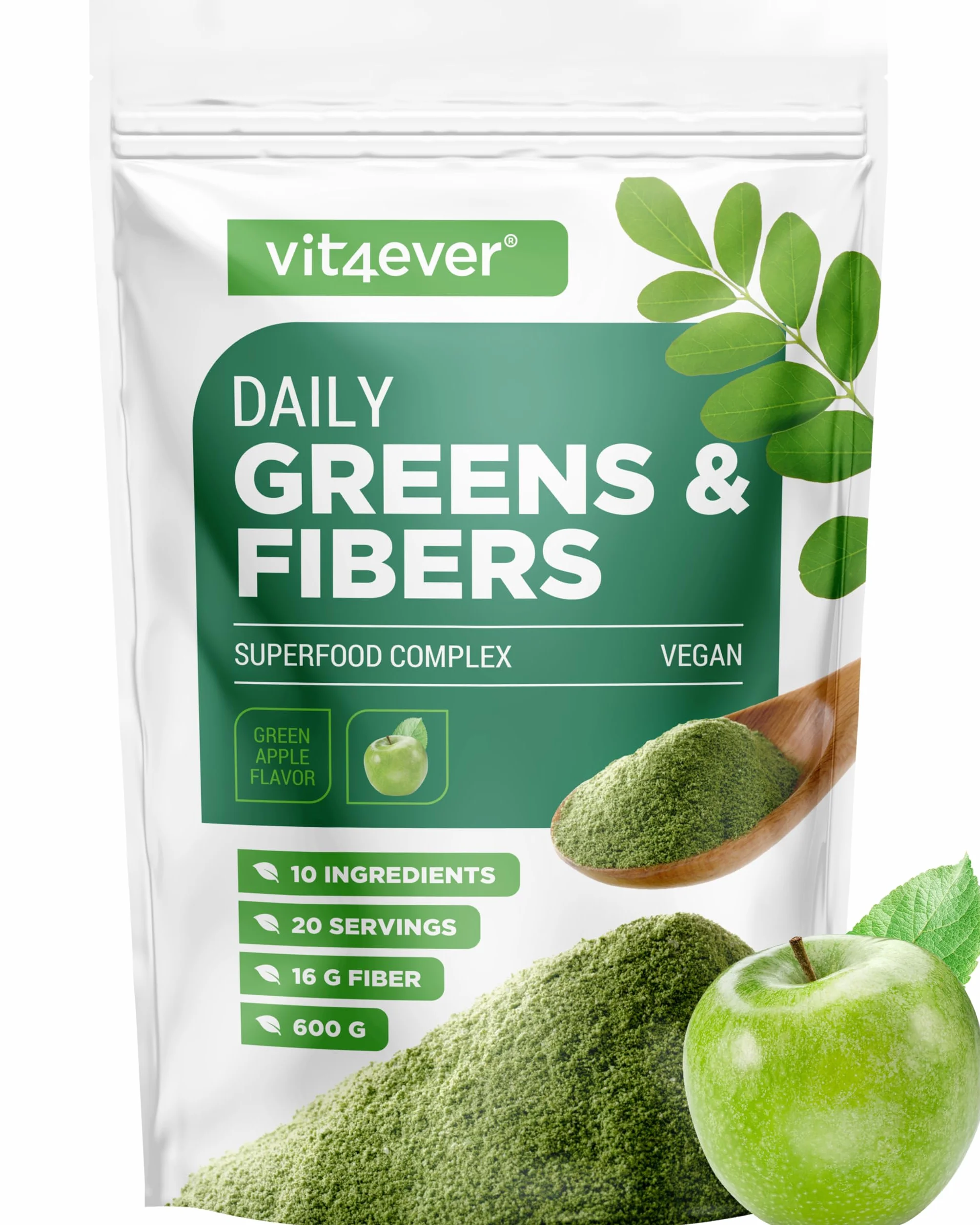 Daily Greens & Fibre Powder psillio spirulina moringa erba d'orzo inulina fibra di mela curcuma fibra di acacia lecitina 600 g Mela verde
