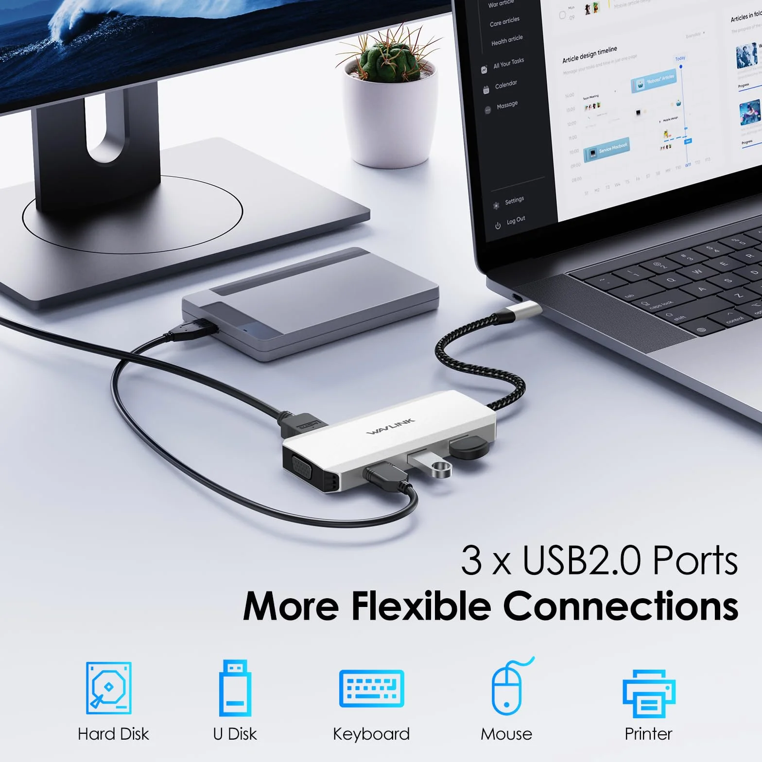 WAVLINK Docking station USB C Quad Monitor, docking station HDMI con doppia porta HDMI, DP, VGA, USB2.0 per Lenovo HP Dell, computer di sistema Windows