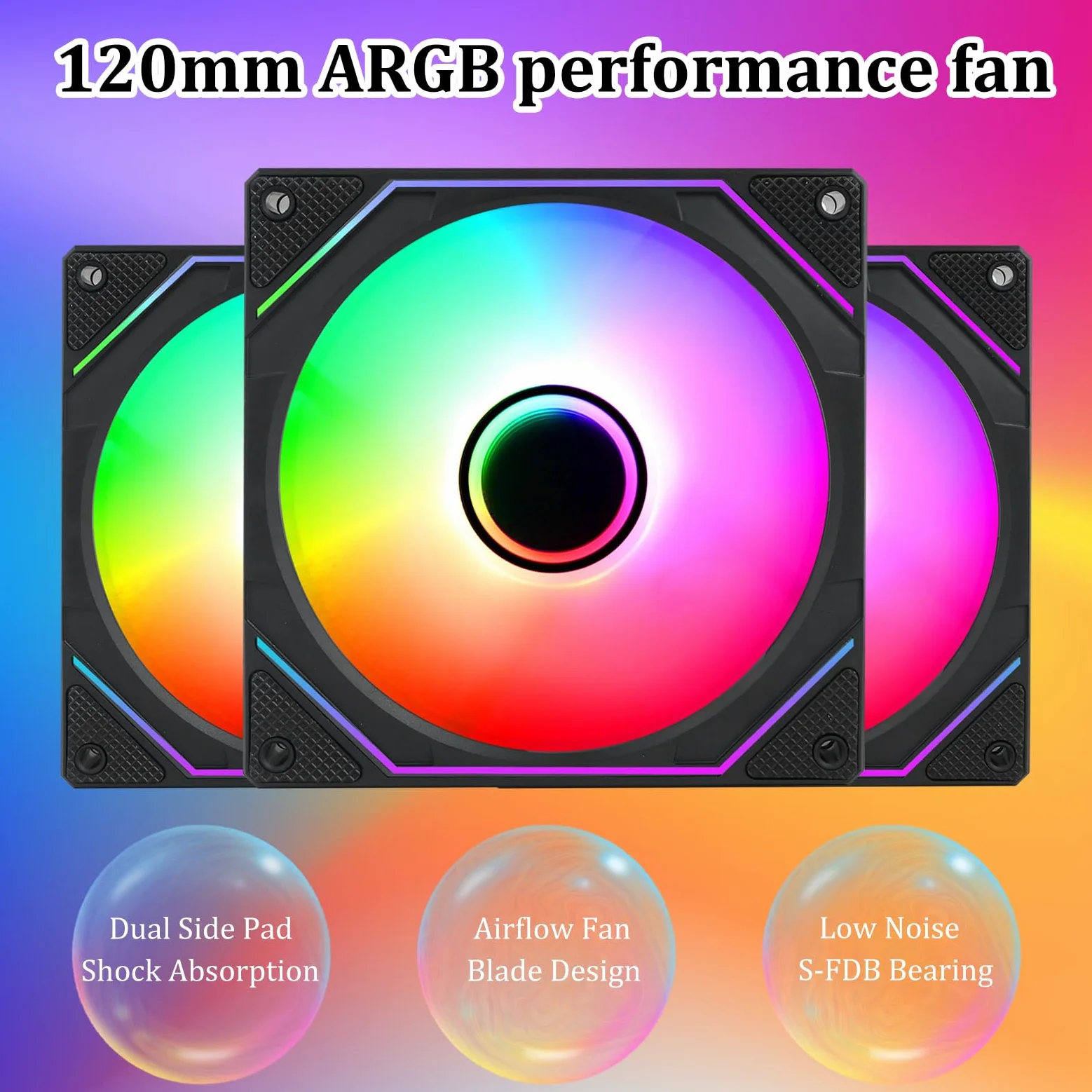 Confezione da 3 ventole per case da 120 mm, 5 V ARGB, ventola di raffreddamento per computer silenziosa ad alto flusso d'aria, effetto luce regolabile, confezione da 3